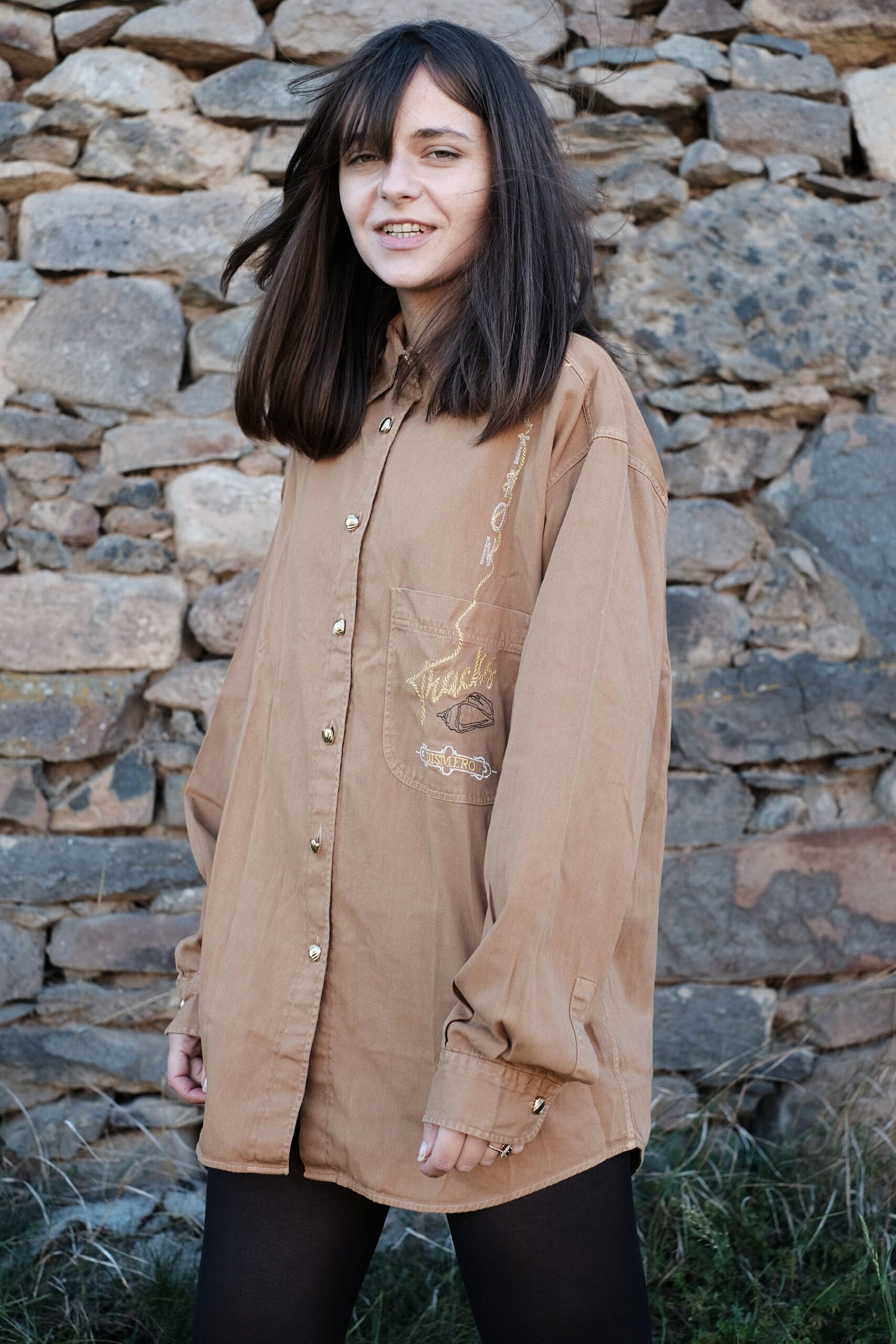 Vintage Brown Shirt with Golden Buttons and Details - Image 2