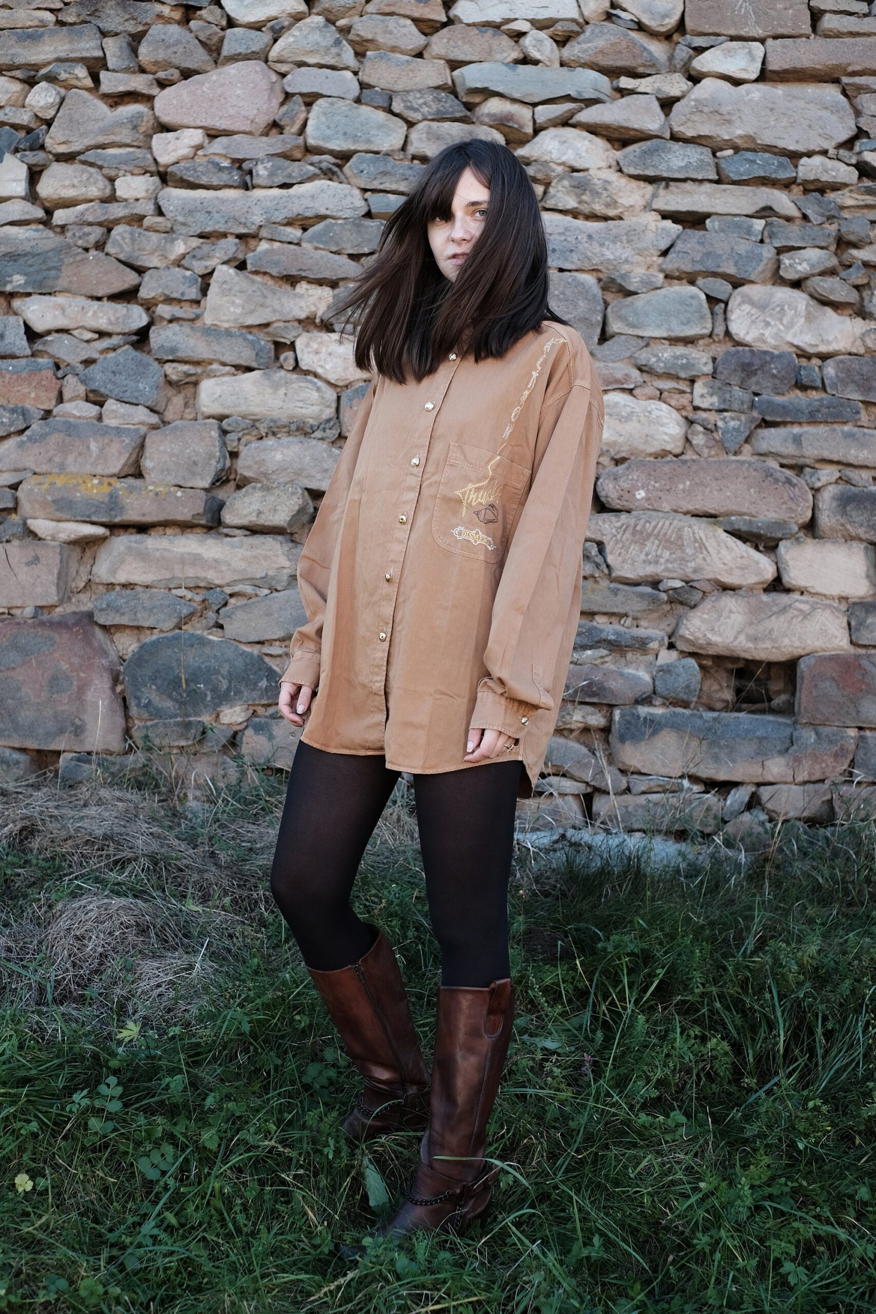 Vintage Brown Shirt with Golden Buttons and Details