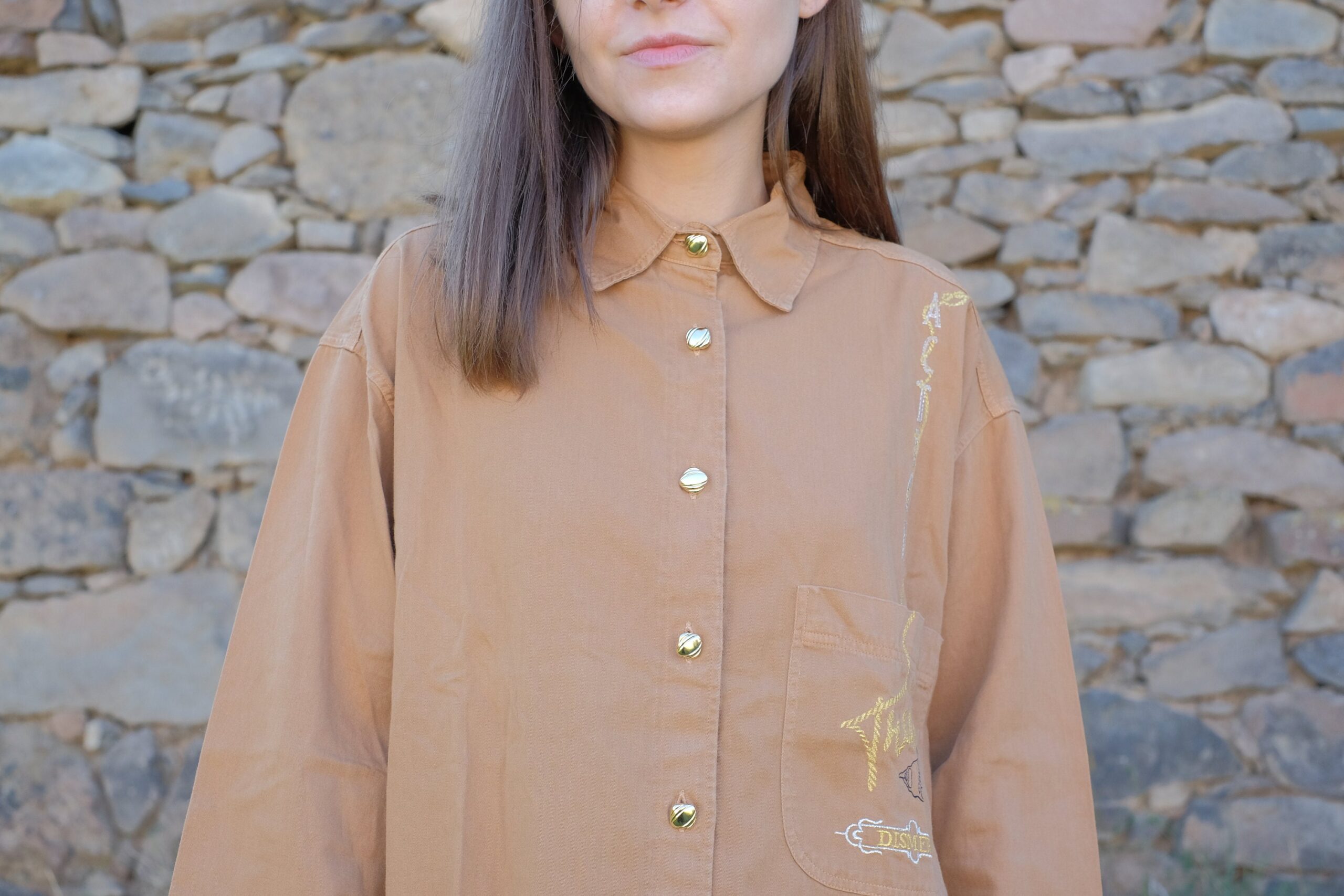 Vintage Brown Shirt with Golden Buttons and Details - Image 3