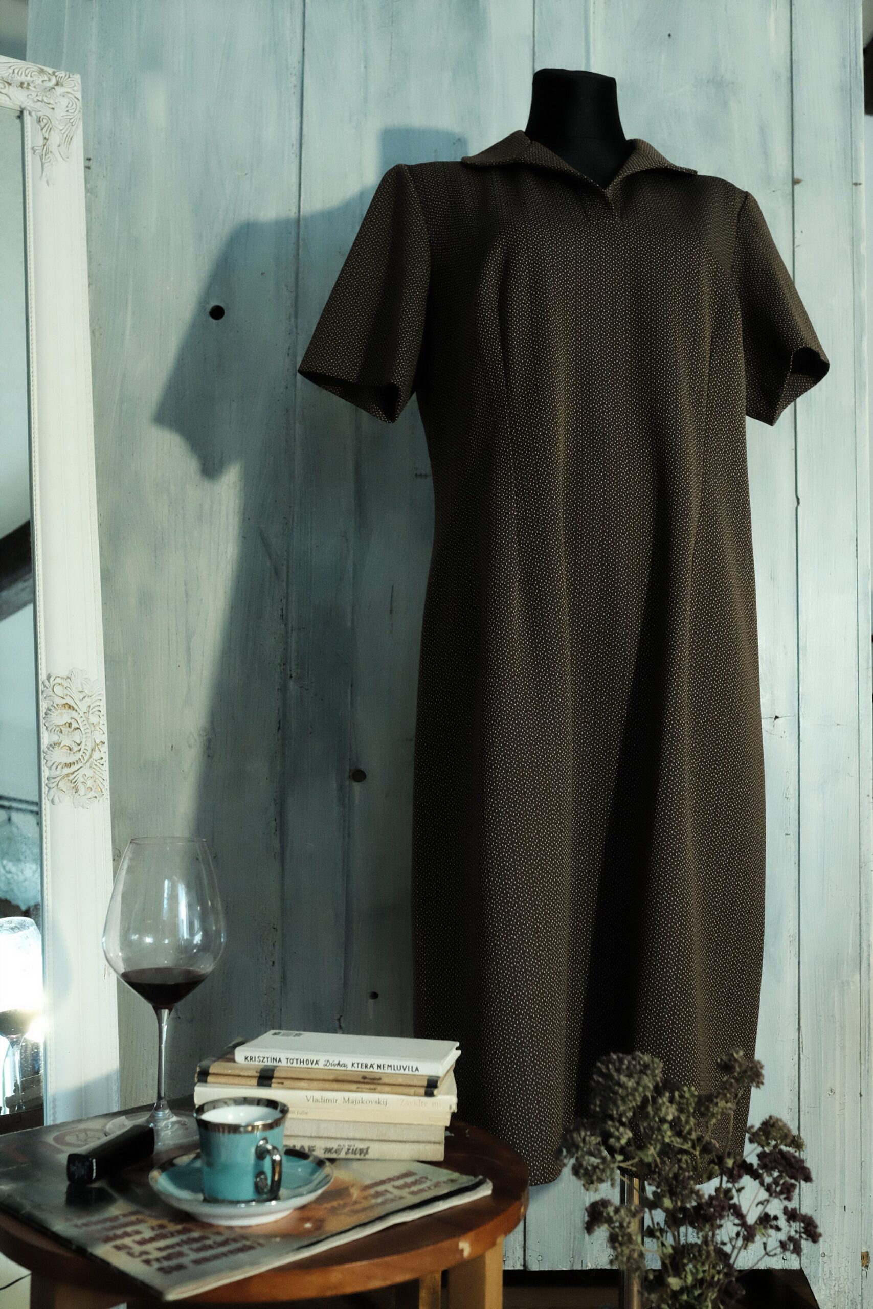 Brown Collared Polka Dot Vintage dress SIZE EU46 - Image 5