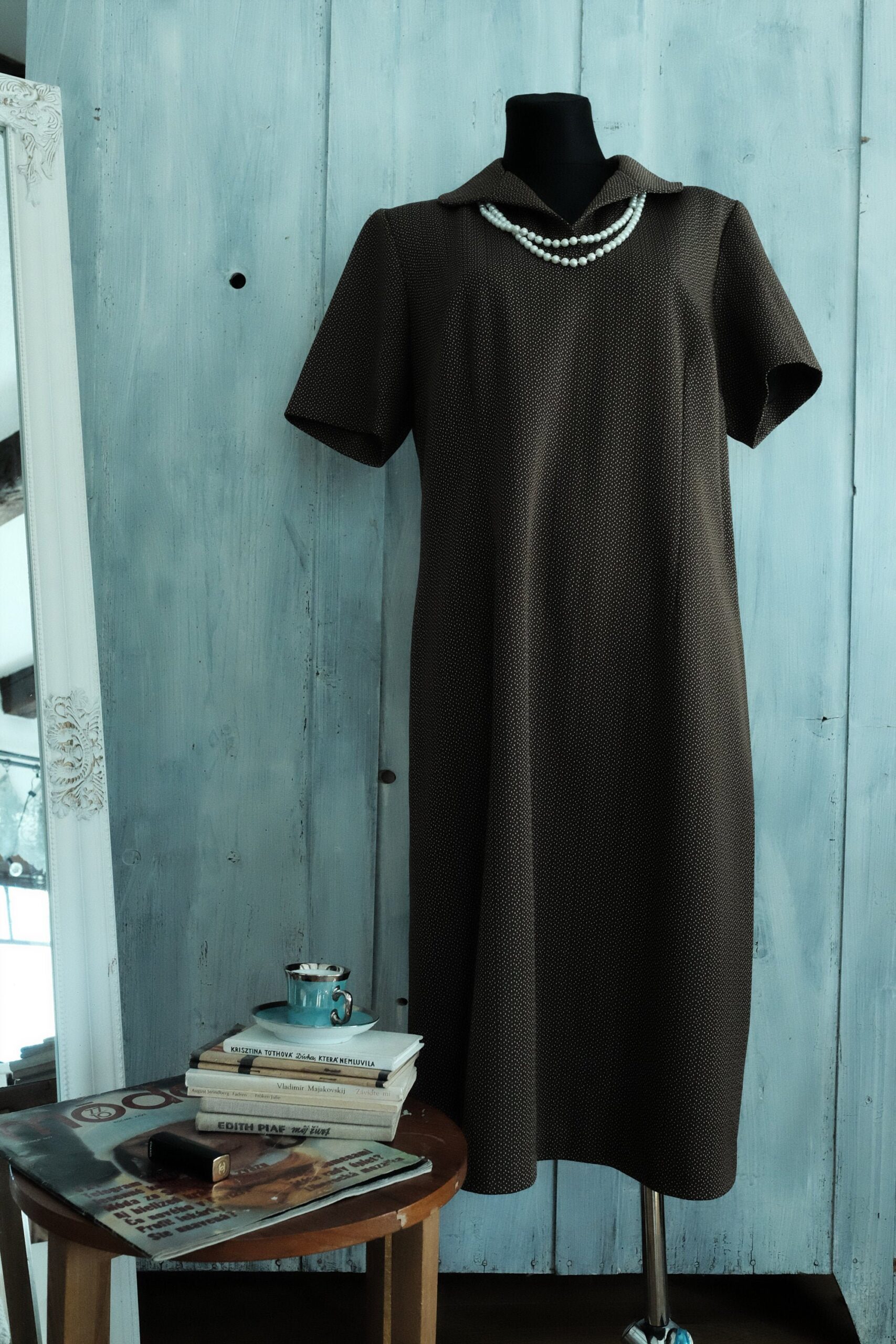 Brown Collared Polka Dot Vintage dress SIZE EU46 - Image 2