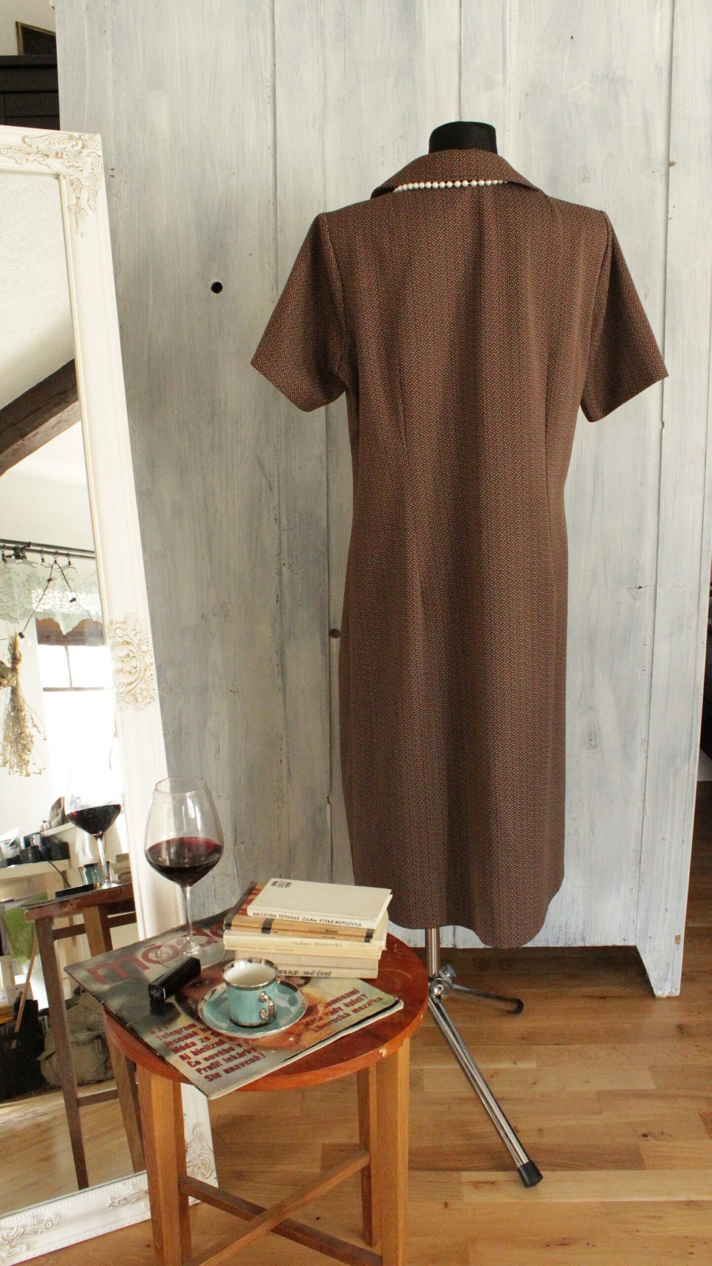 Brown Collared Polka Dot Vintage dress SIZE EU46 - Image 7