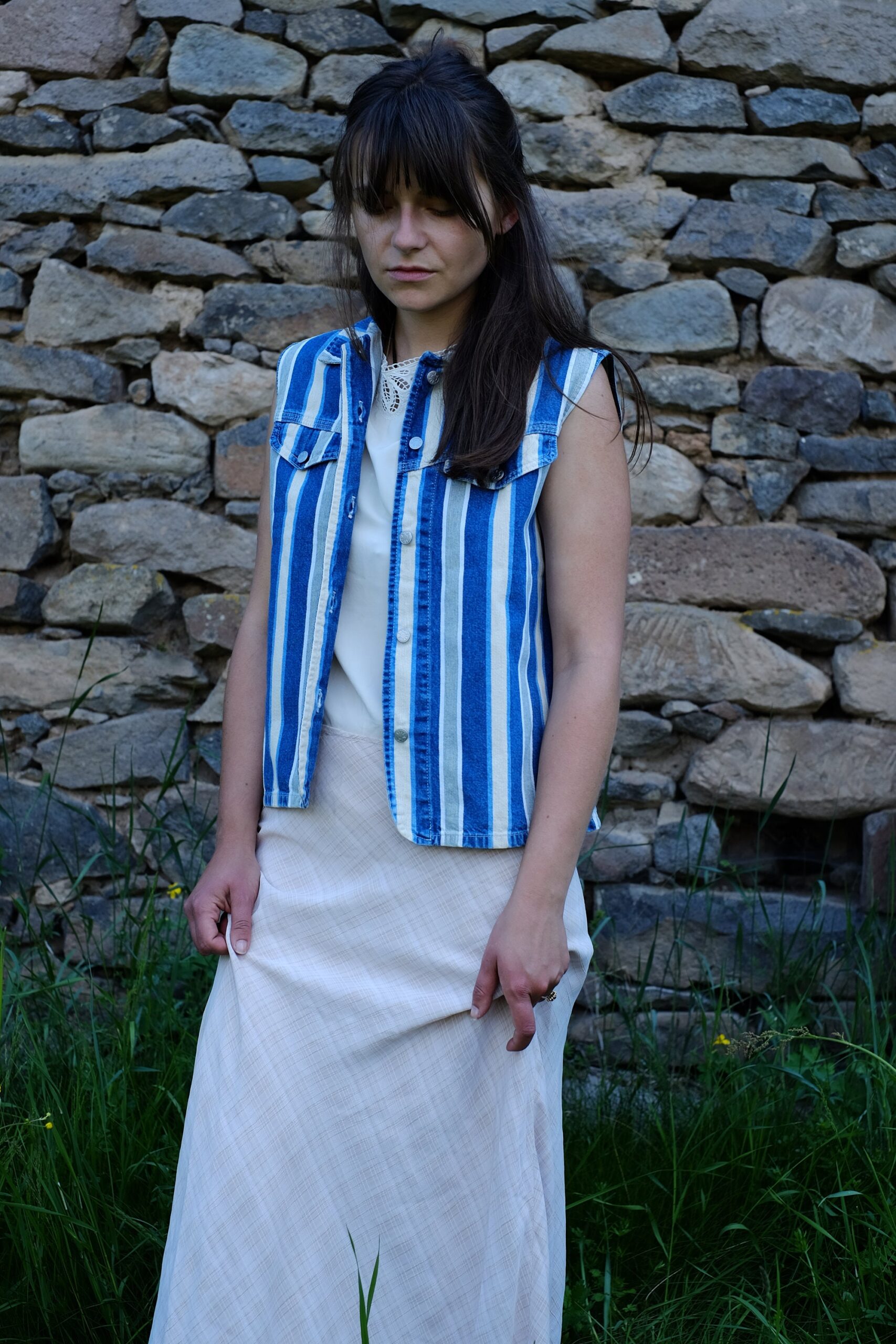Vintage 80s sleeveless striped denim shirt size M-L, Western Cowboy Style Denim Shirt - Image 4