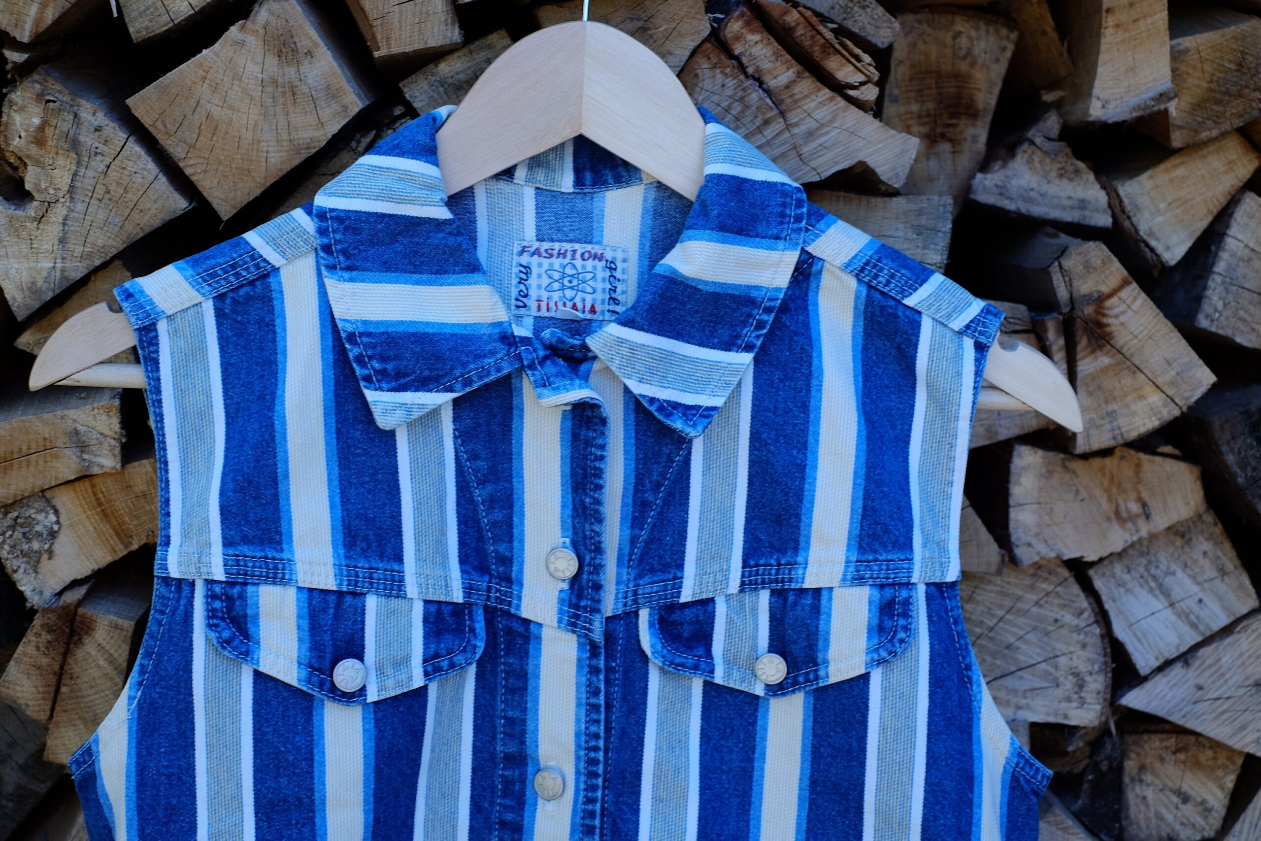 Vintage 80s sleeveless striped denim shirt size M-L, Western Cowboy Style Denim Shirt - Image 8