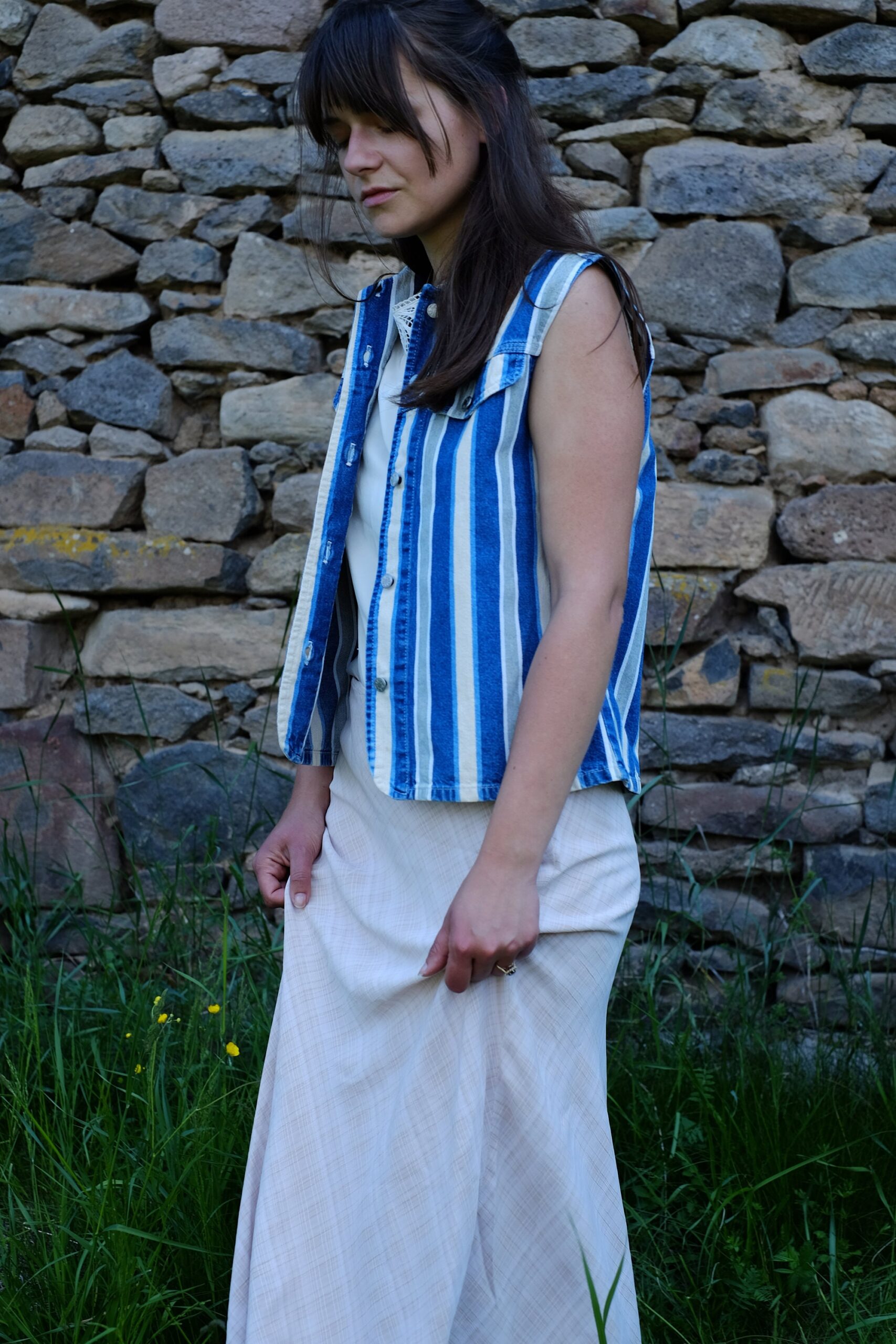 Vintage 80s sleeveless striped denim shirt size M-L, Western Cowboy Style Denim Shirt - Image 7