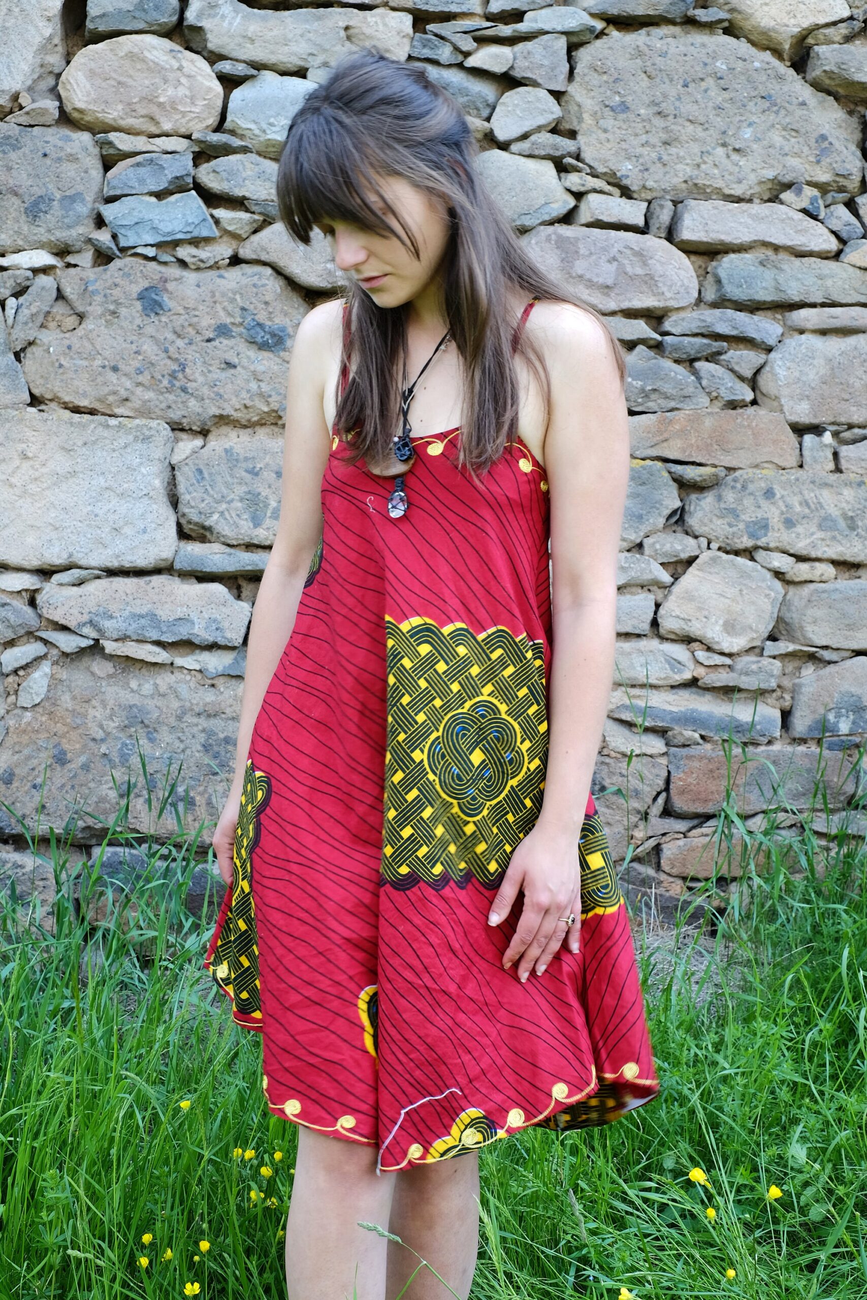Vintage Etno red dress with golden embroidery - Image 5