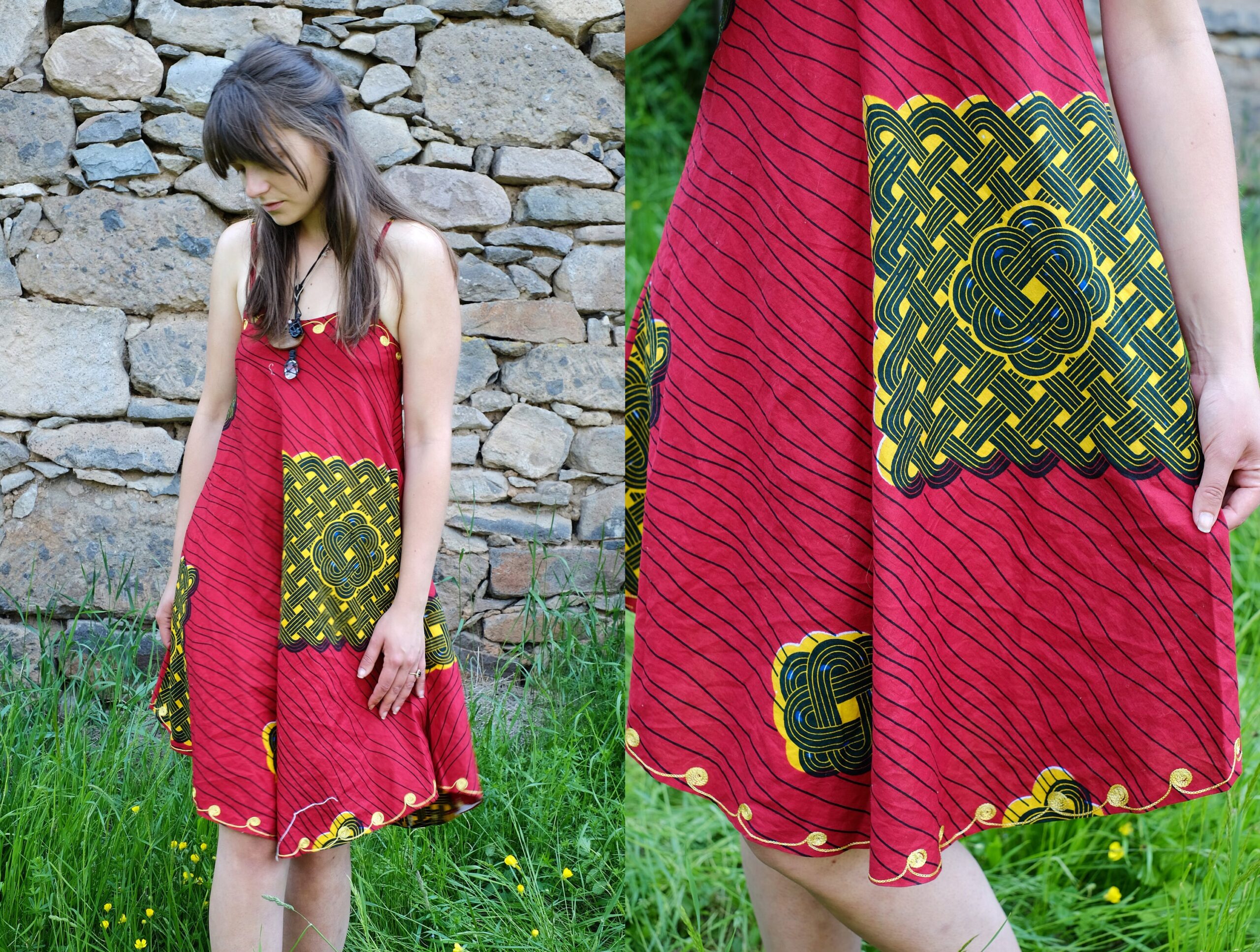 Vintage Etno red dress with golden embroidery - Image 3
