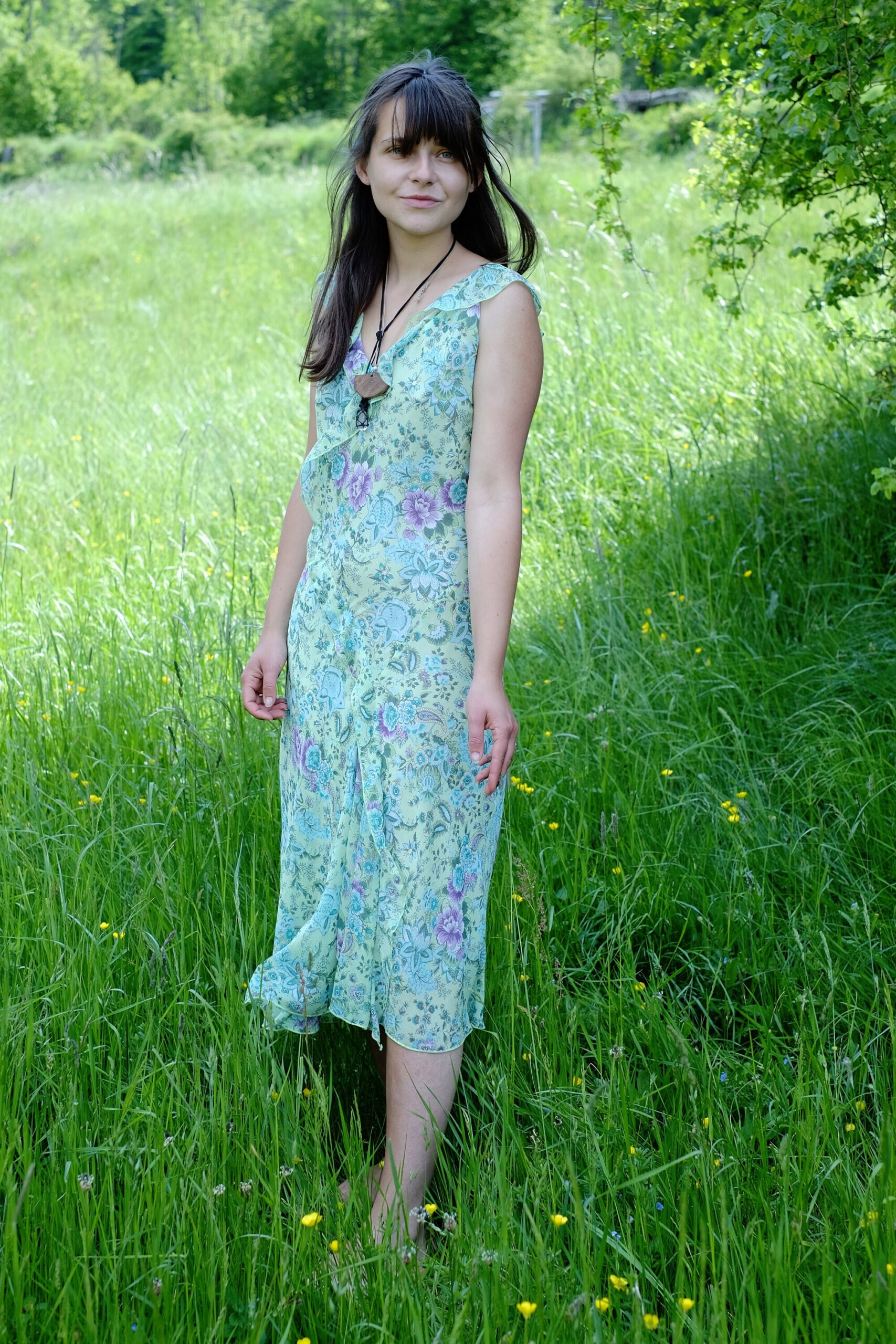 Vintage Light Green French Floral Summer Midi Dress, Romantic Dress with Ruffled Neckline - Image 3