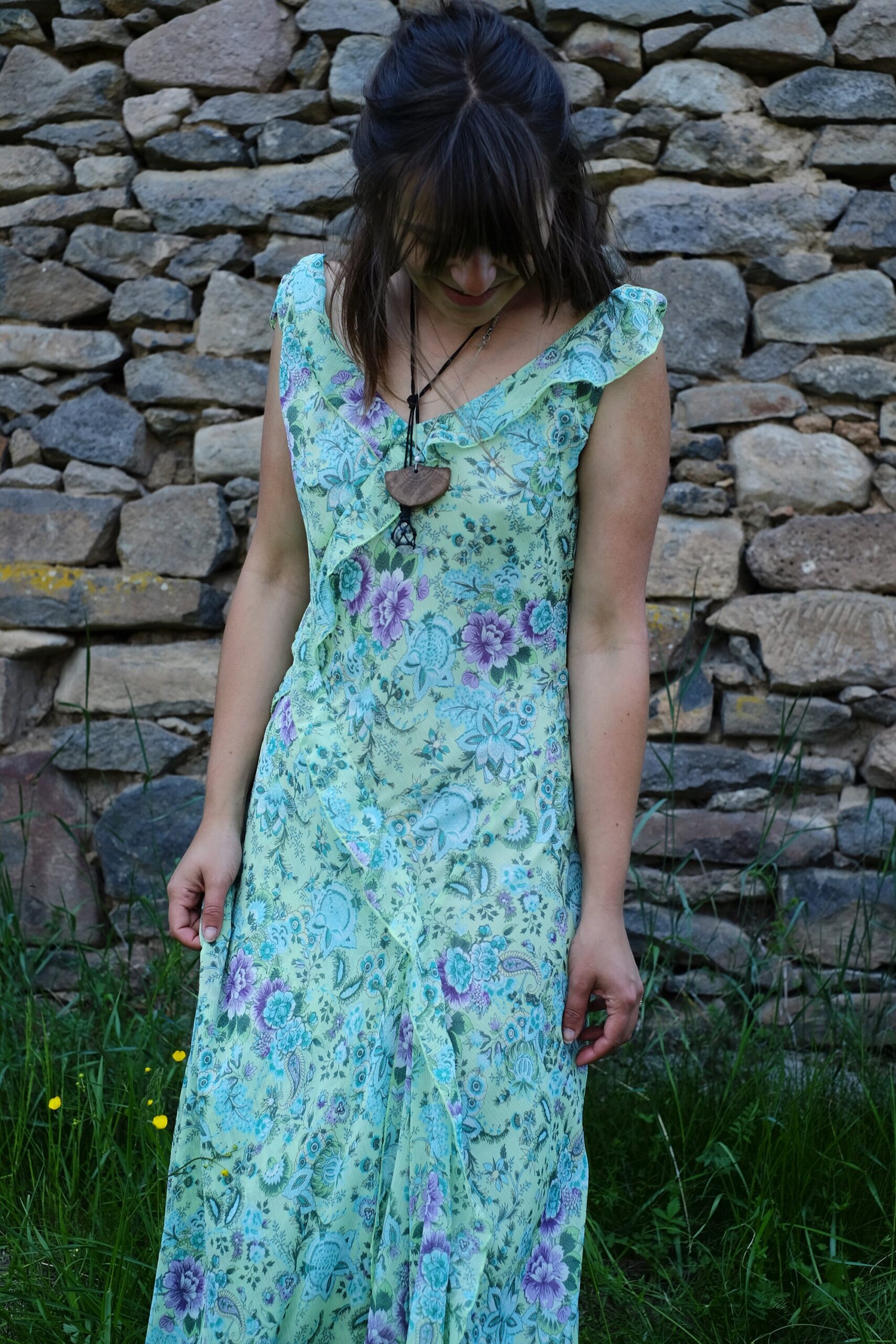 Vintage Light Green French Floral Summer Midi Dress, Romantic Dress with Ruffled Neckline
