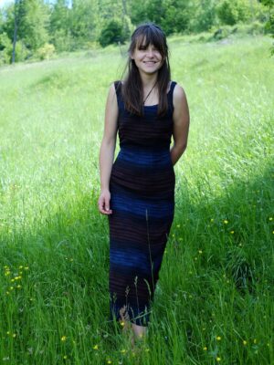 Vintage elegant dress in dark colours and horizontal stripes, size EU 36