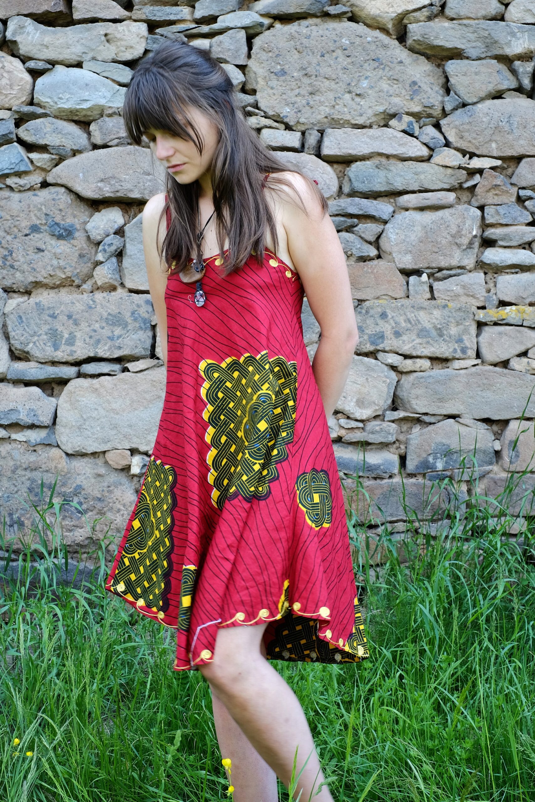 Vintage Etno red dress with golden embroidery - Image 2