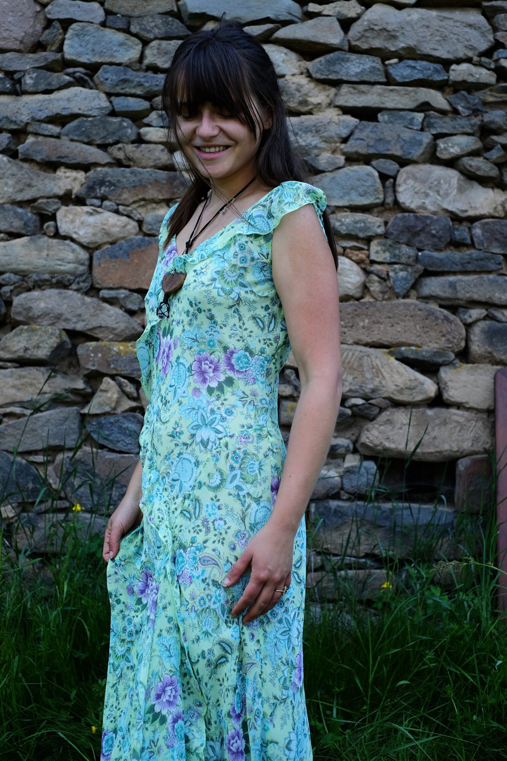 Vintage Light Green French Floral Summer Midi Dress, Romantic Dress with Ruffled Neckline - Image 4