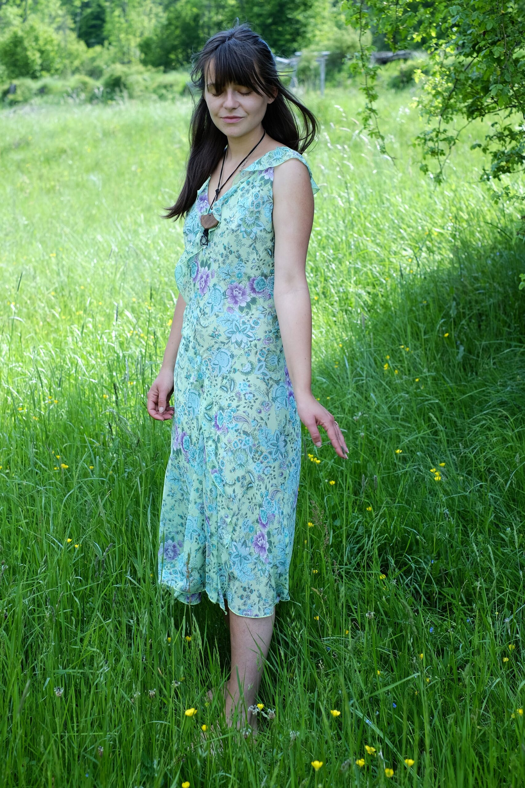 Vintage Light Green French Floral Summer Midi Dress, Romantic Dress with Ruffled Neckline - Image 5