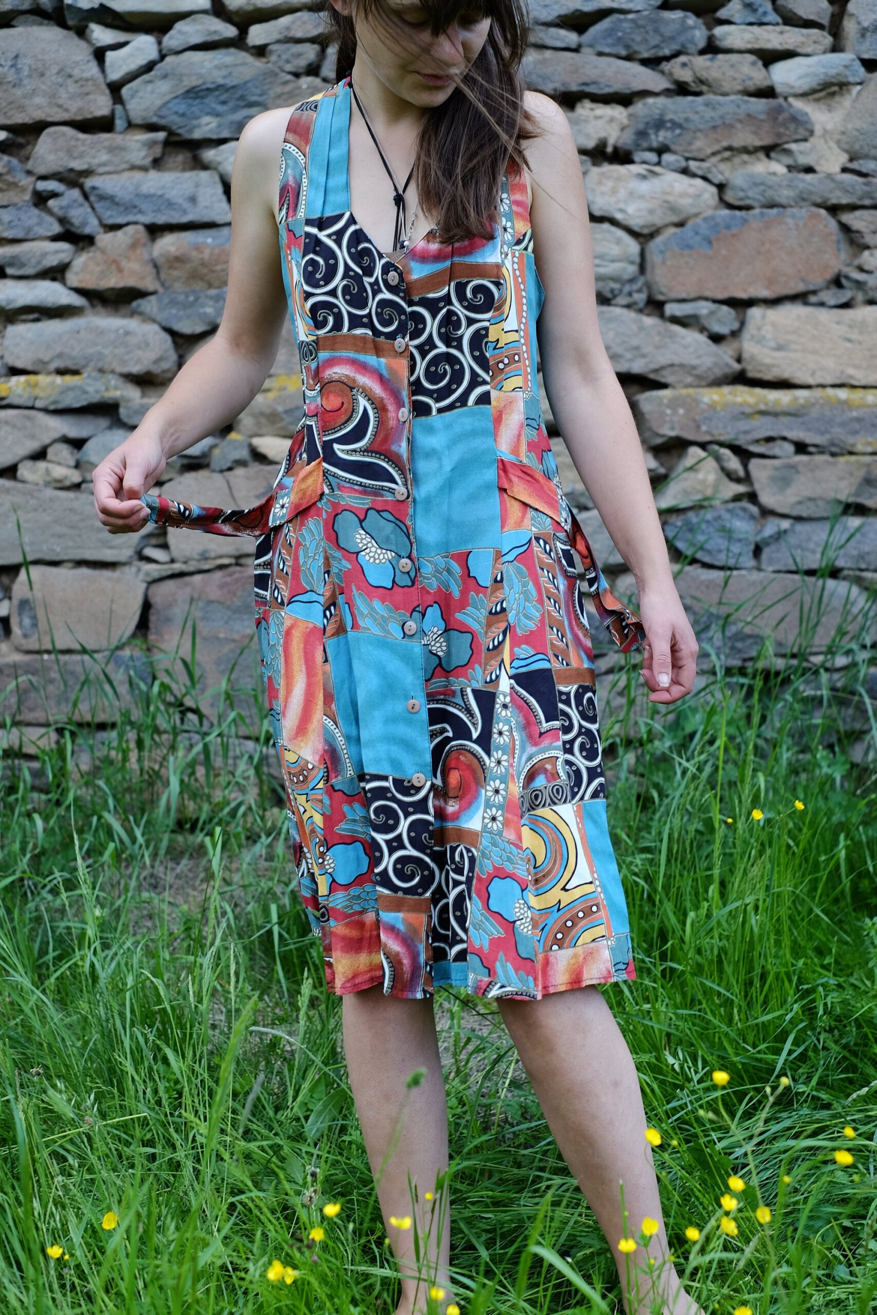 80s Vintage Colourful Summer Boho Hippie Patchwork Midi Dress - Image 9