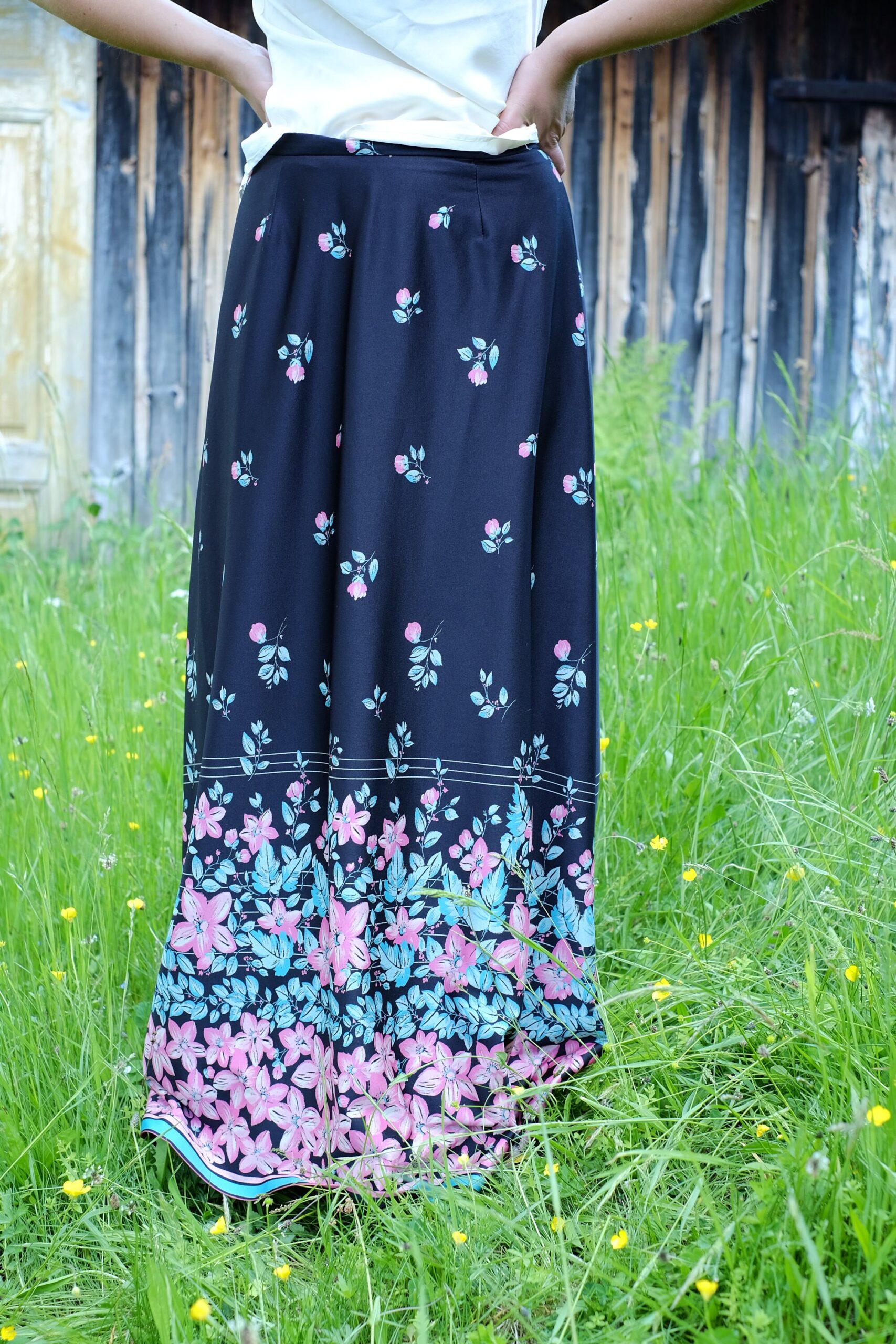 Long 60s/70s Boho Floral Skirt, Black with Blue/Pink Hippie Flower Pattern - Image 3