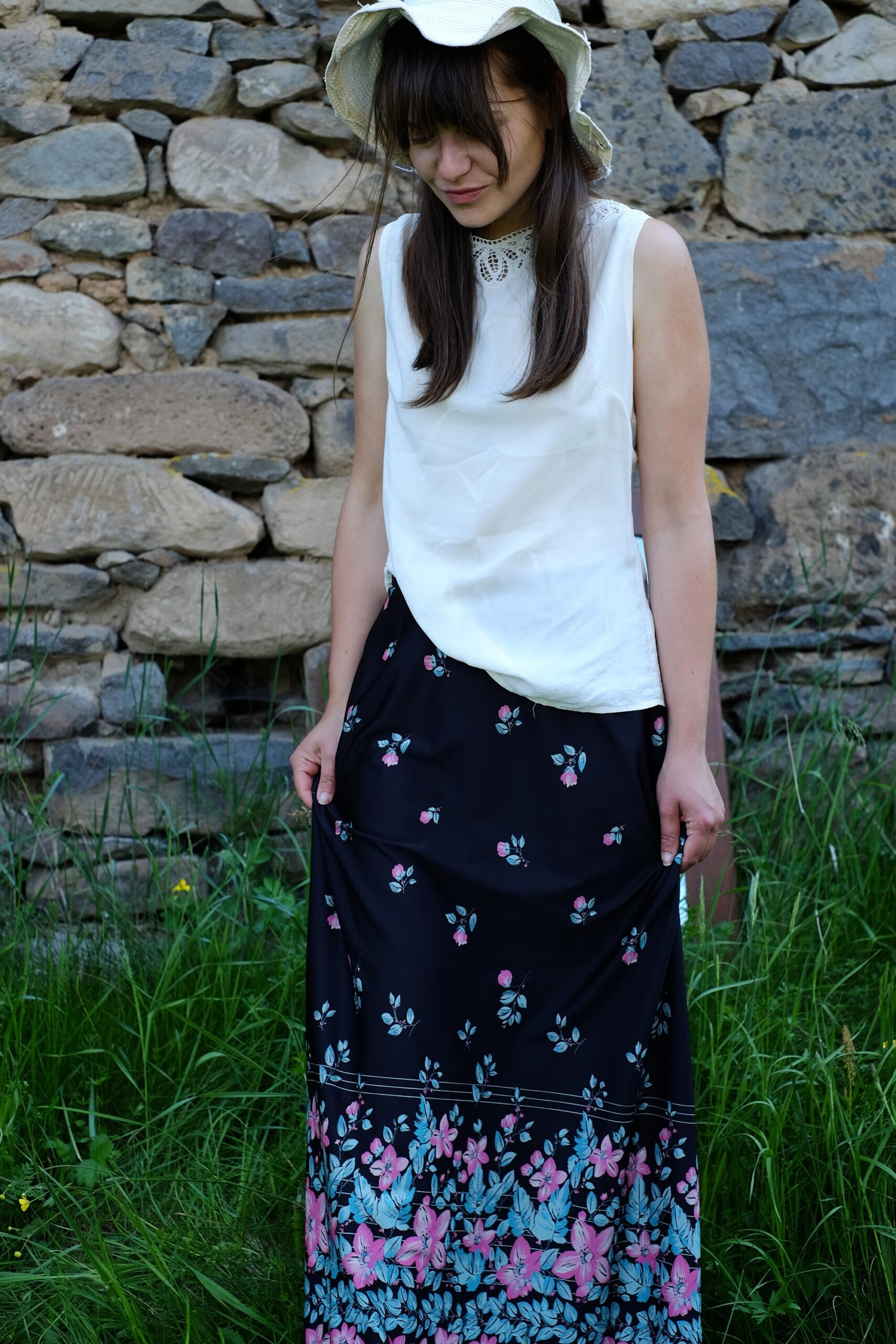 Long 60s/70s Boho Floral Skirt, Black with Blue/Pink Hippie Flower Pattern - Image 4