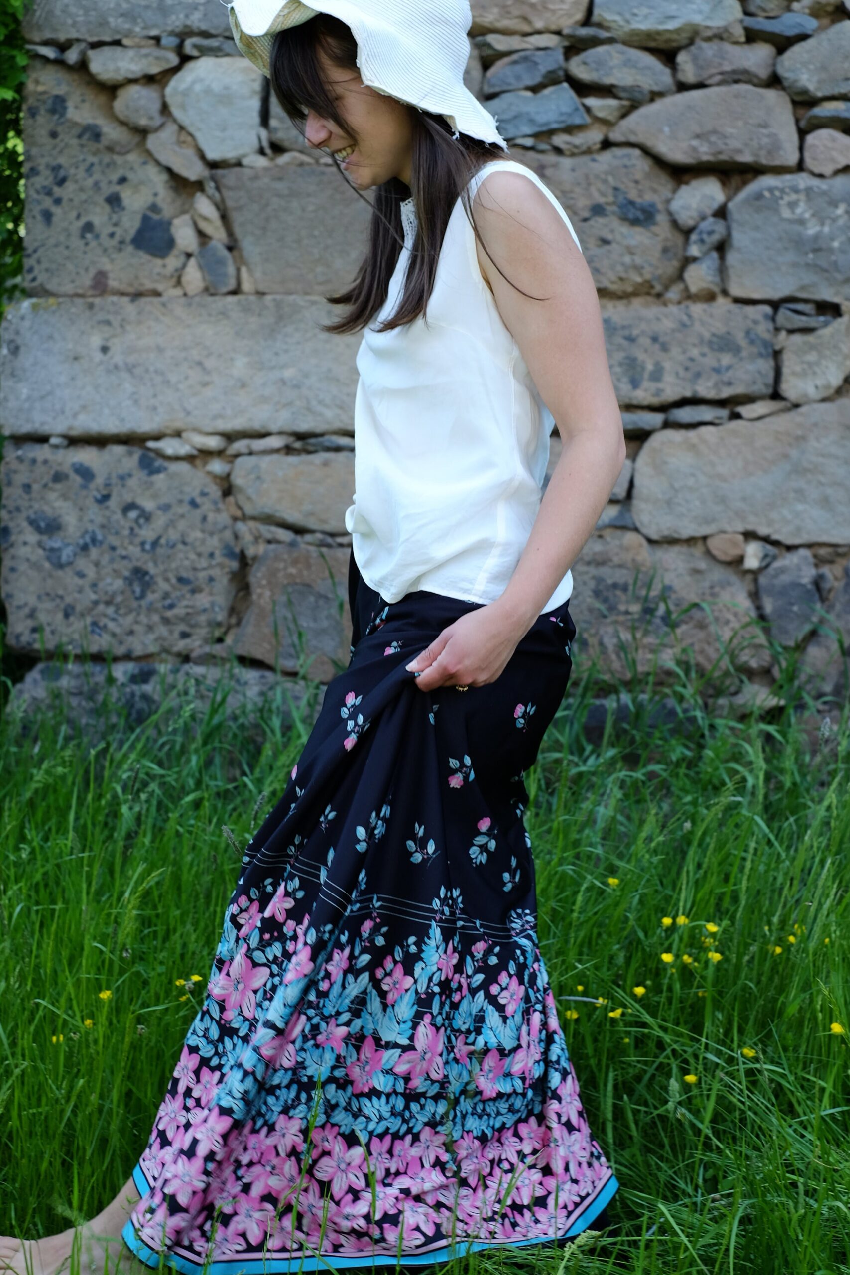 Long 60s/70s Boho Floral Skirt, Black with Blue/Pink Hippie Flower Pattern - Image 5