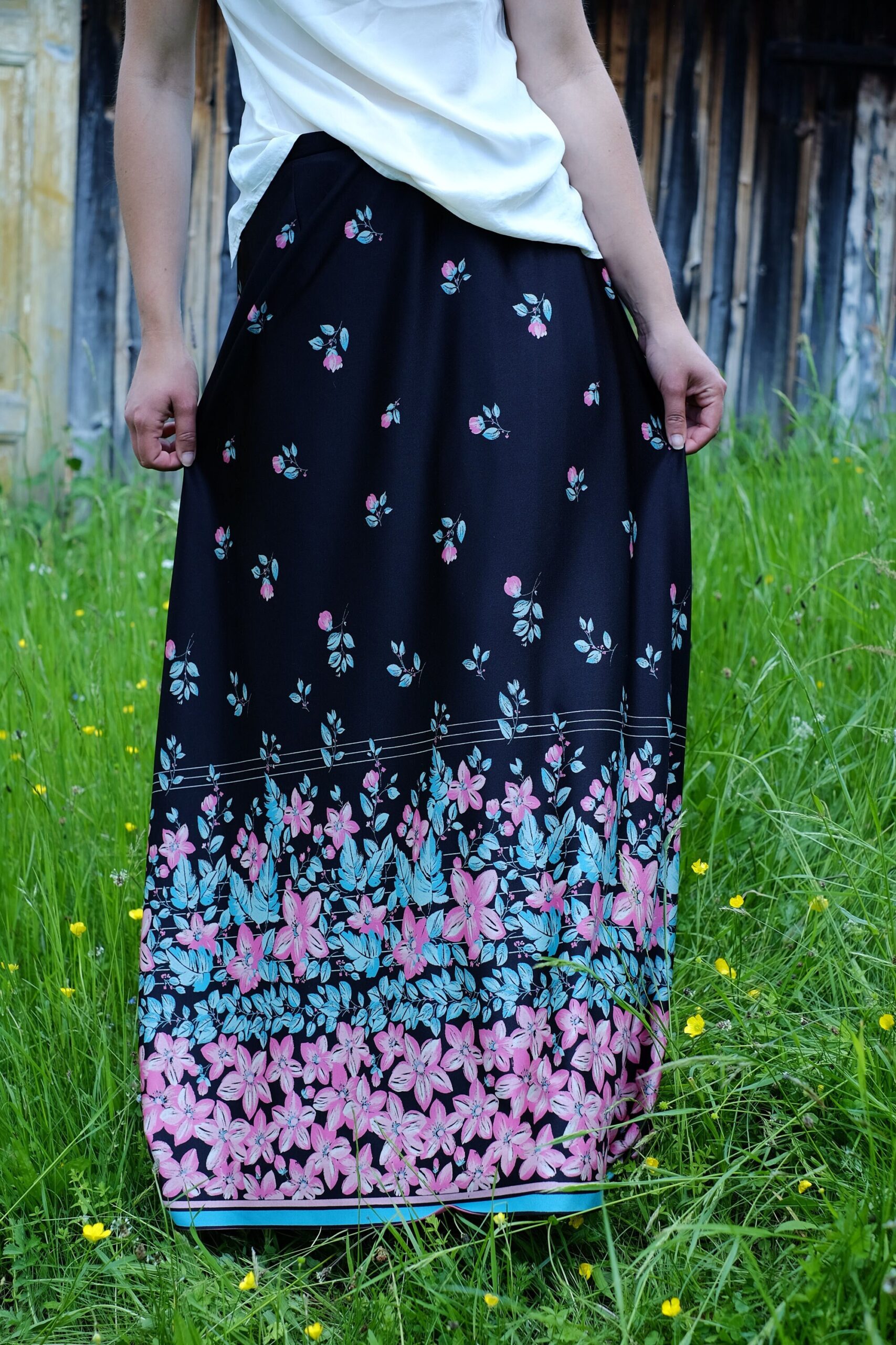 Long 60s/70s Boho Floral Skirt, Black with Blue/Pink Hippie Flower Pattern - Image 2