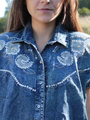Vintage 80s Denim Shirt, Embellished and Sequined, Short Sleeved with Shoulder Pads, Size L/XL