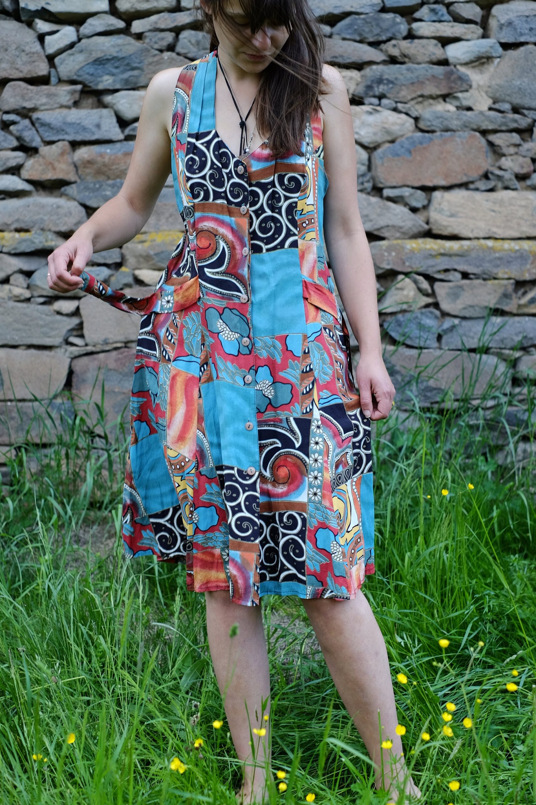 80s Vintage Colourful Summer Boho Hippie Patchwork Midi Dress - Image 2