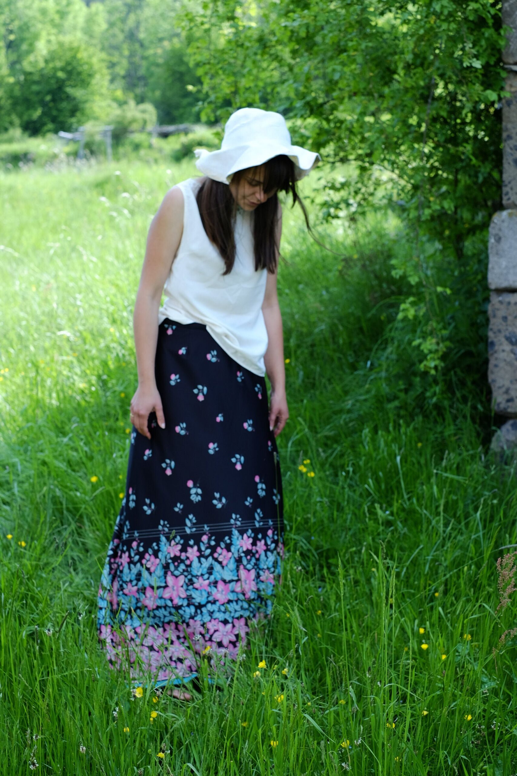 Long 60s/70s Boho Floral Skirt, Black with Blue/Pink Hippie Flower Pattern