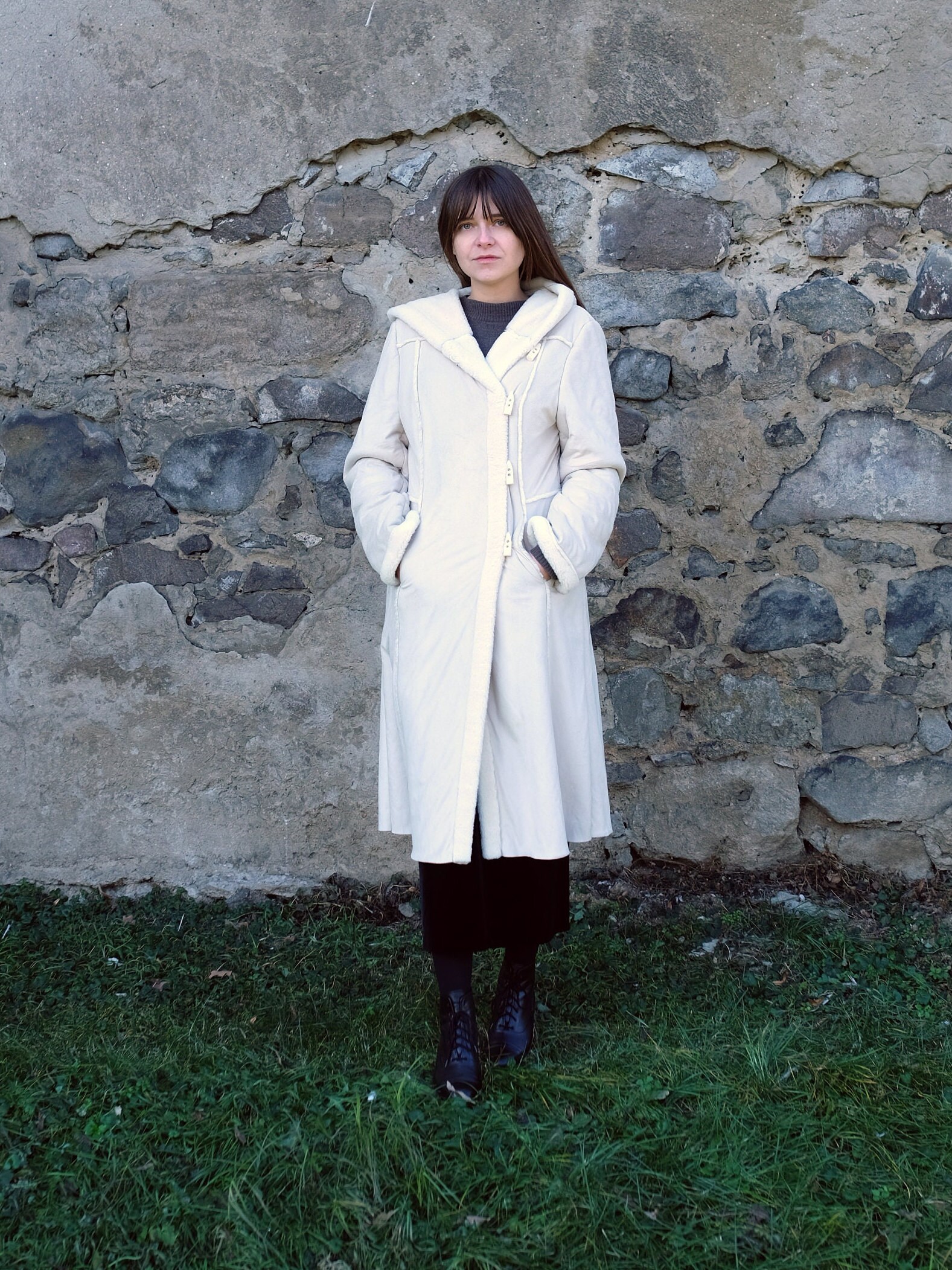 Vintage White Winter Coat, Vegan Faux Fur, Hooded, Erich Fend - Image 6