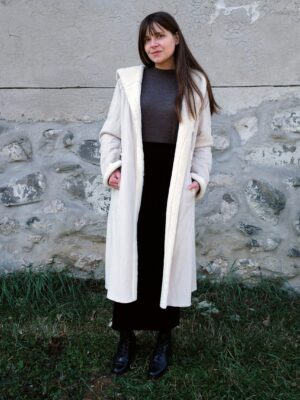 Vintage White Winter Coat, Vegan Faux Fur, Hooded, Erich Fend