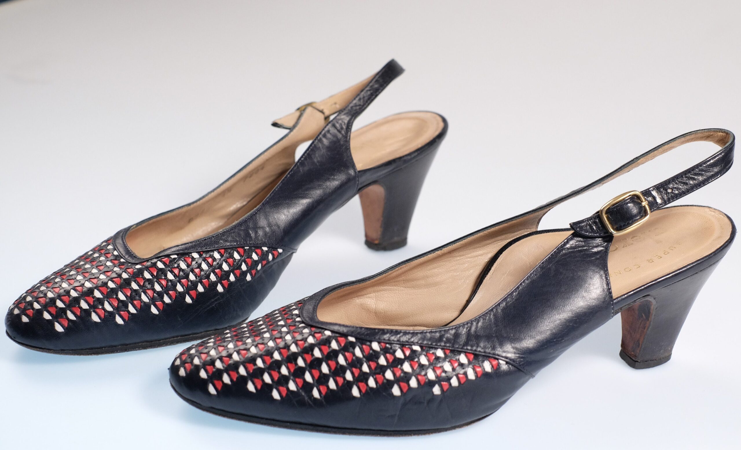 Vintage Alexandria Navy Leather Slingback Pumps, Vintage Sandal Shoes with Heels - Image 5