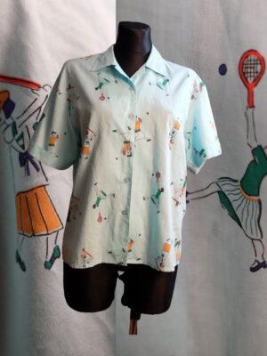 Vintage Funky Mint Colour Short Sleeved Blouse with Sport Motives