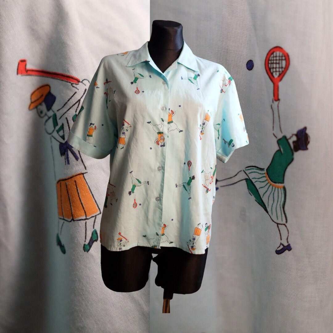 Vintage Funky Mint Colour Short Sleeved Blouse with Sport Motives