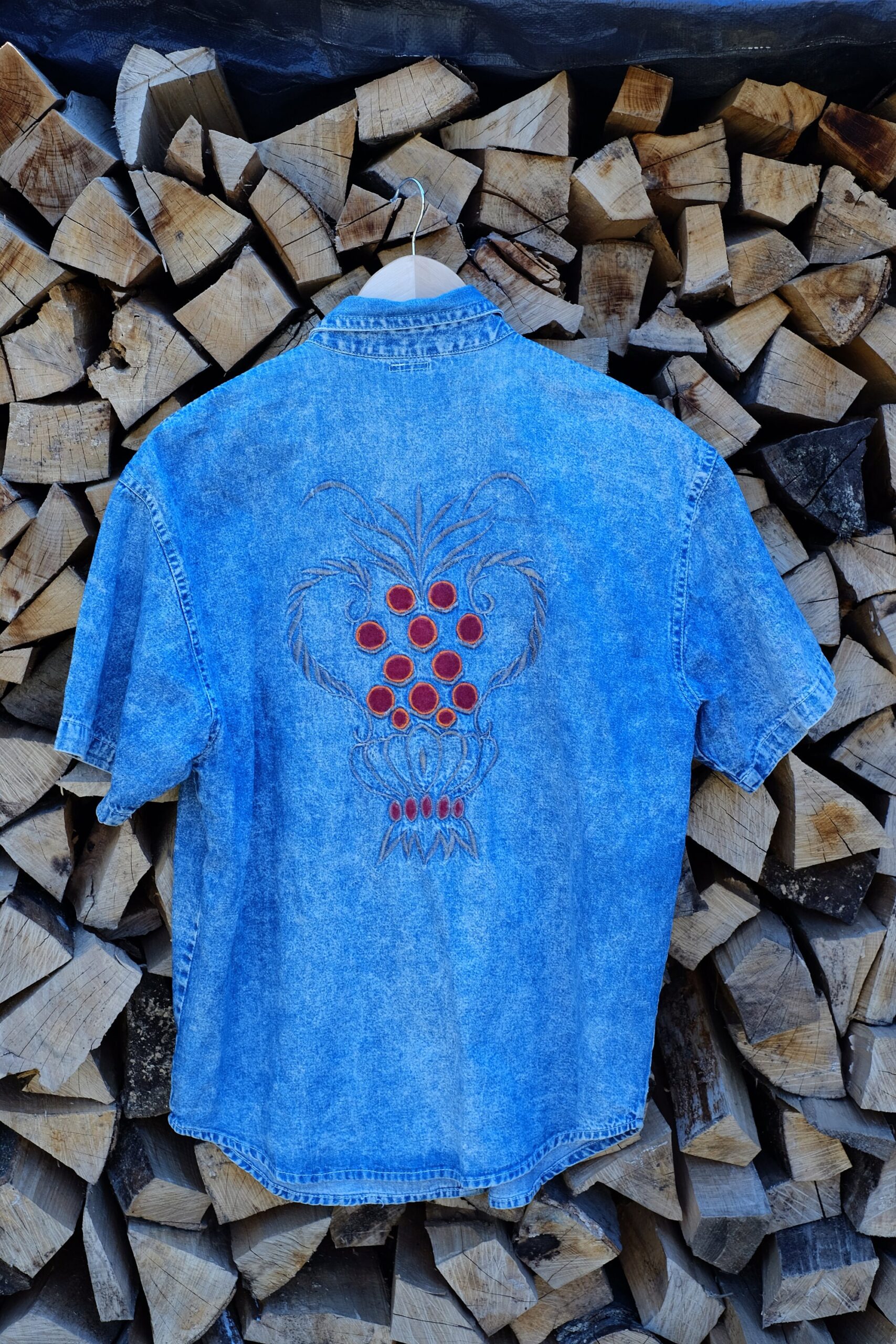 Vintage Short Sleeved Western Style Embroidered Floral Design Denim Shirt