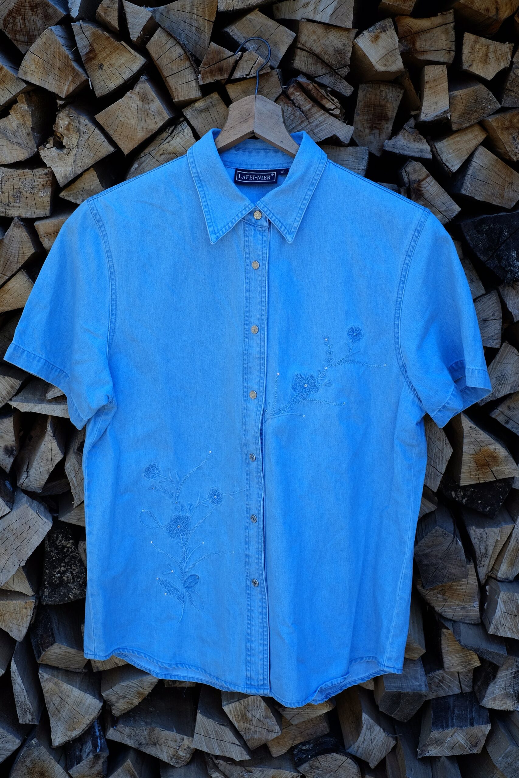 Vintage Light Blue Short Sleeved Floral Embroidered Denim Shirt