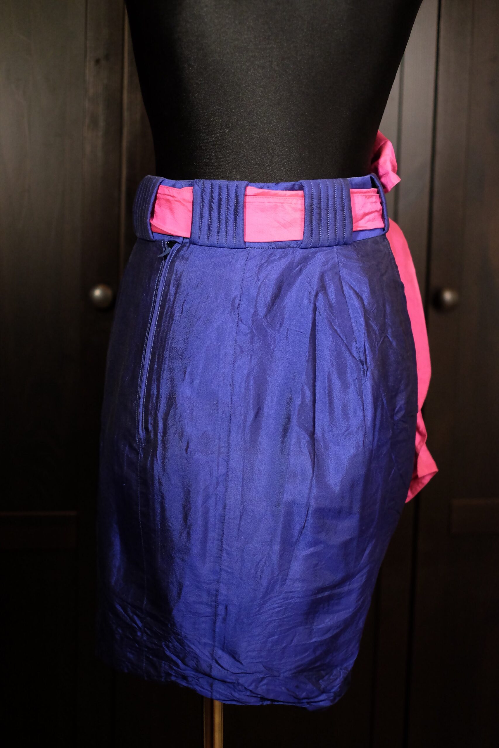 80s Vintage Metallic Blue Pink Bow Pencil Skirt | Thai Silk Skirt - Image 7