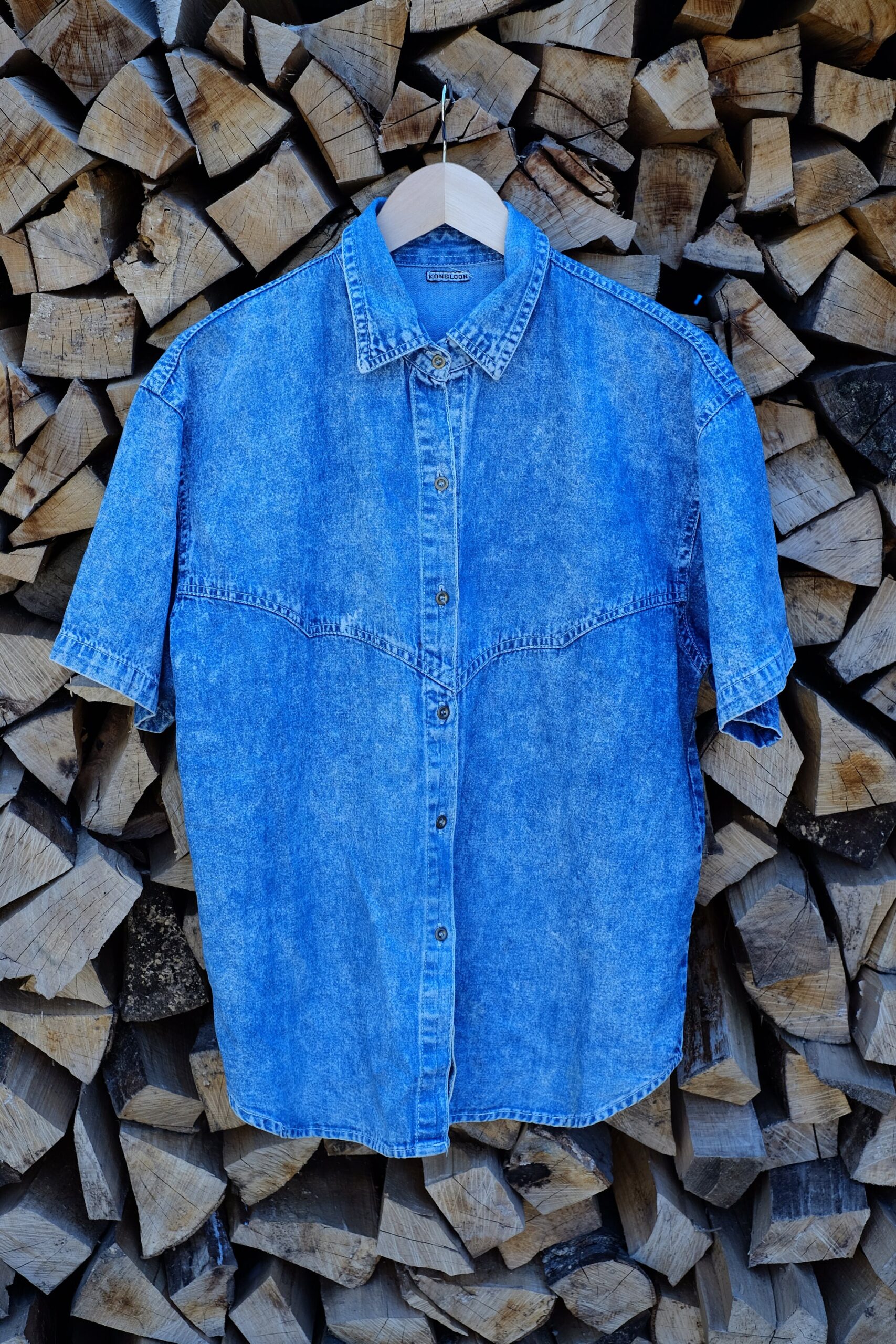 Vintage Short Sleeved Western Style Embroidered Floral Design Denim Shirt - Image 8