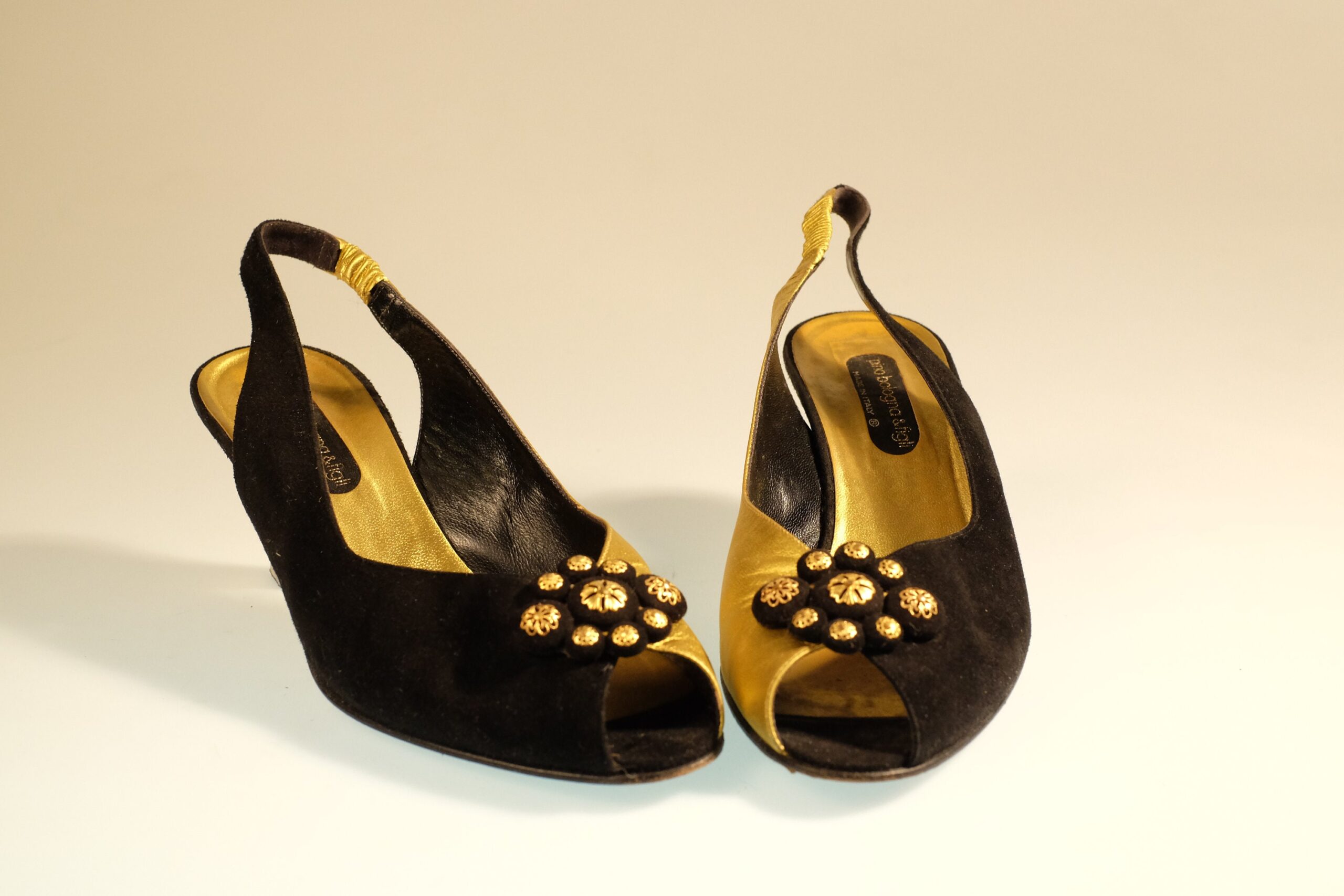 Vintage 80s Pino Bologna & Figli Jeweled Hollywood Style Black and Gold Sandals - Image 3