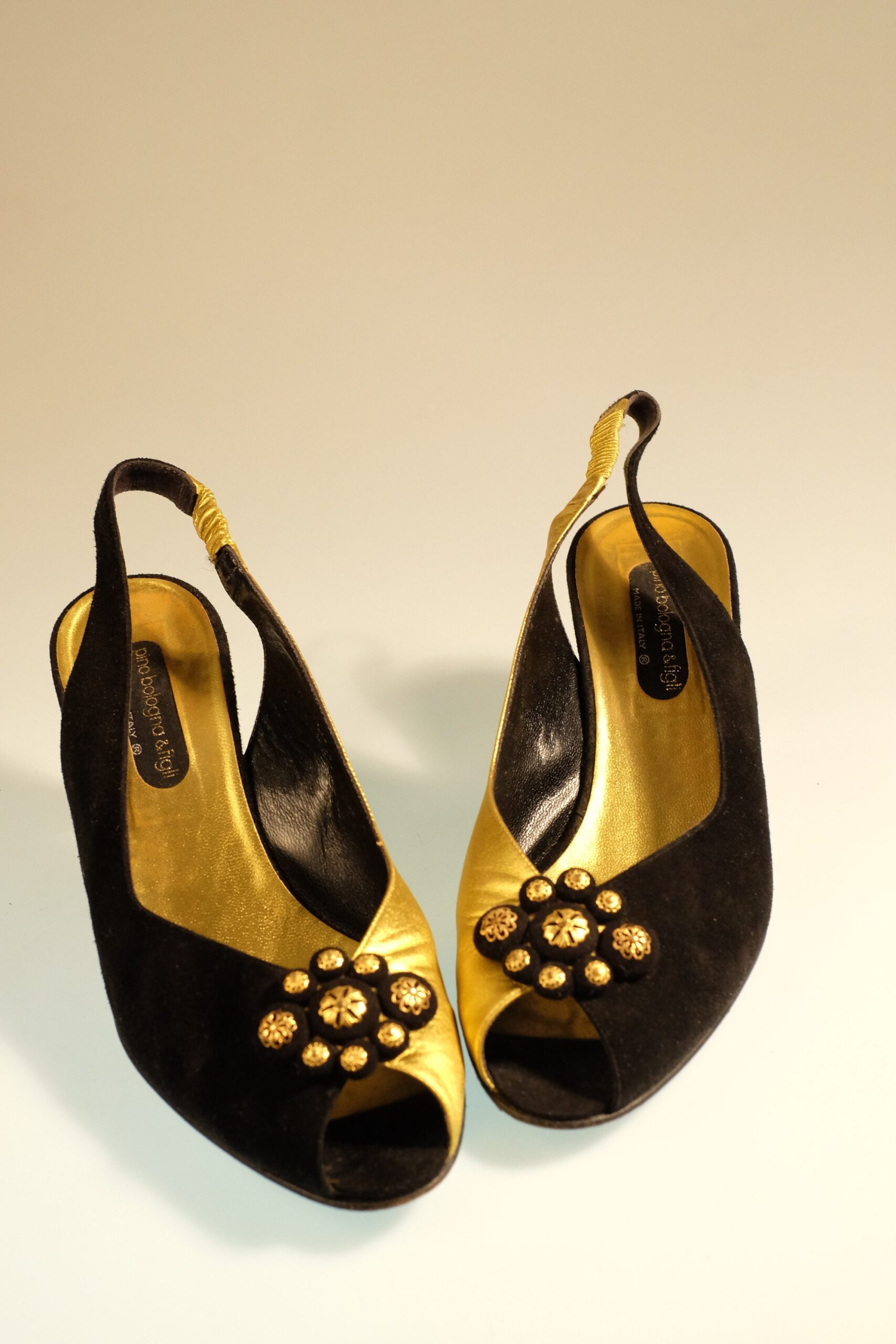 Vintage 80s Pino Bologna & Figli Jeweled Hollywood Style Black and Gold Sandals - Image 5