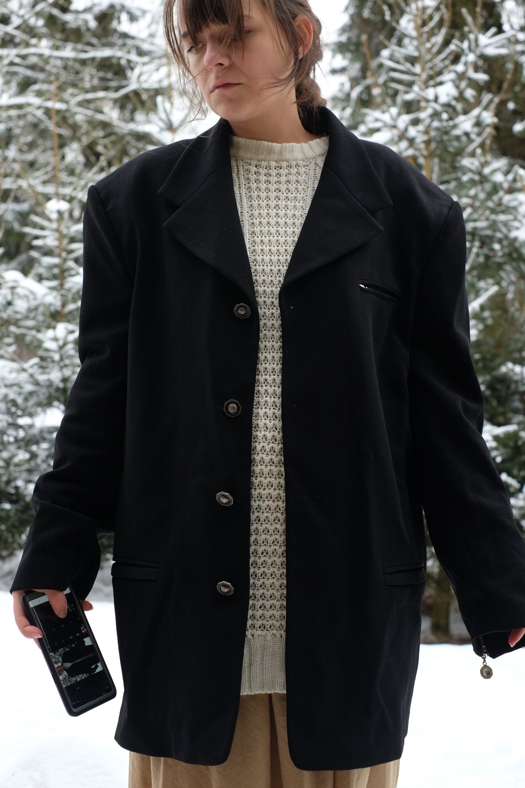 Black Vintage Coat with Zippers and Beautiful Silver Buttons - Image 5