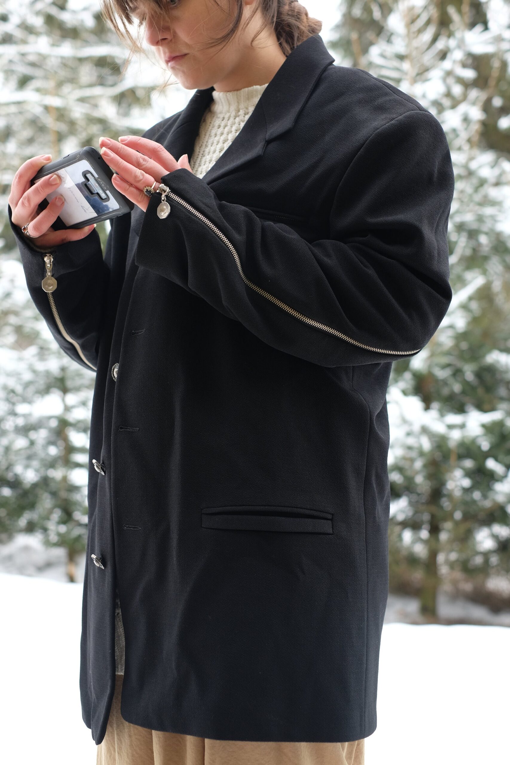 Black Vintage Coat with Zippers and Beautiful Silver Buttons - Image 6