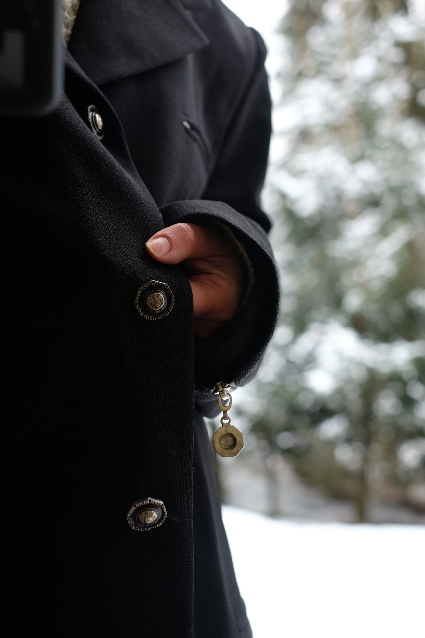Black Vintage Coat with Zippers and Beautiful Silver Buttons - Image 9