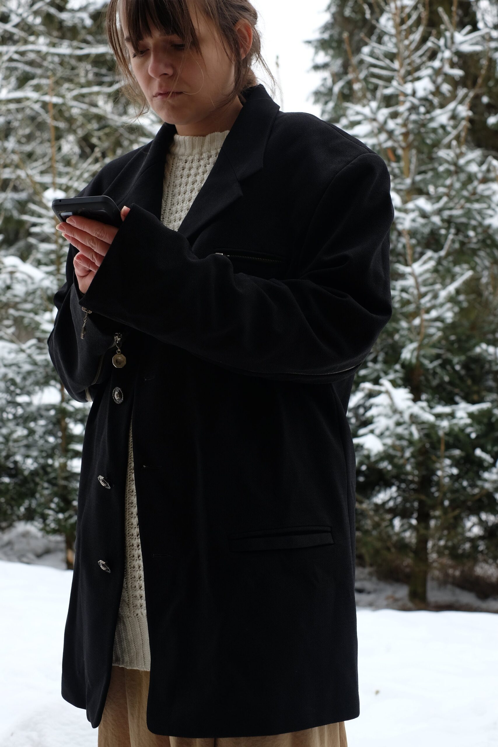 Black Vintage Coat with Zippers and Beautiful Silver Buttons - Image 3