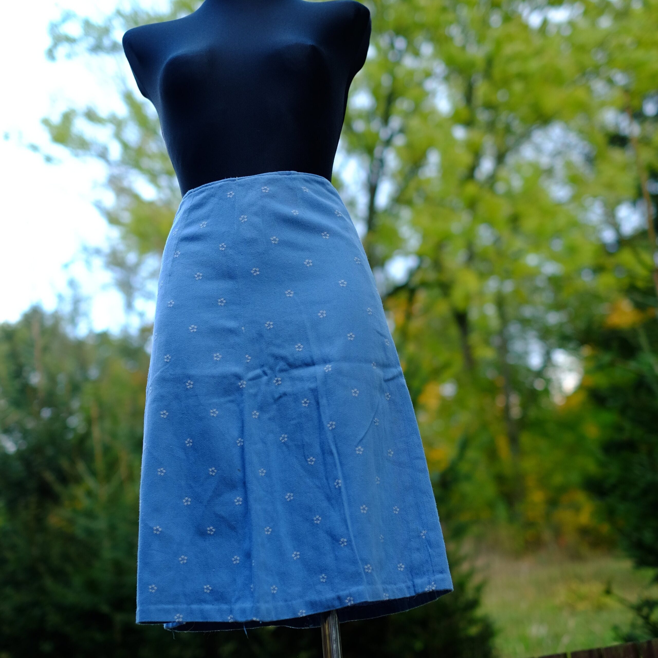 70s Vintage Handmade Light Blue Denim Skirt with floral embroidery
