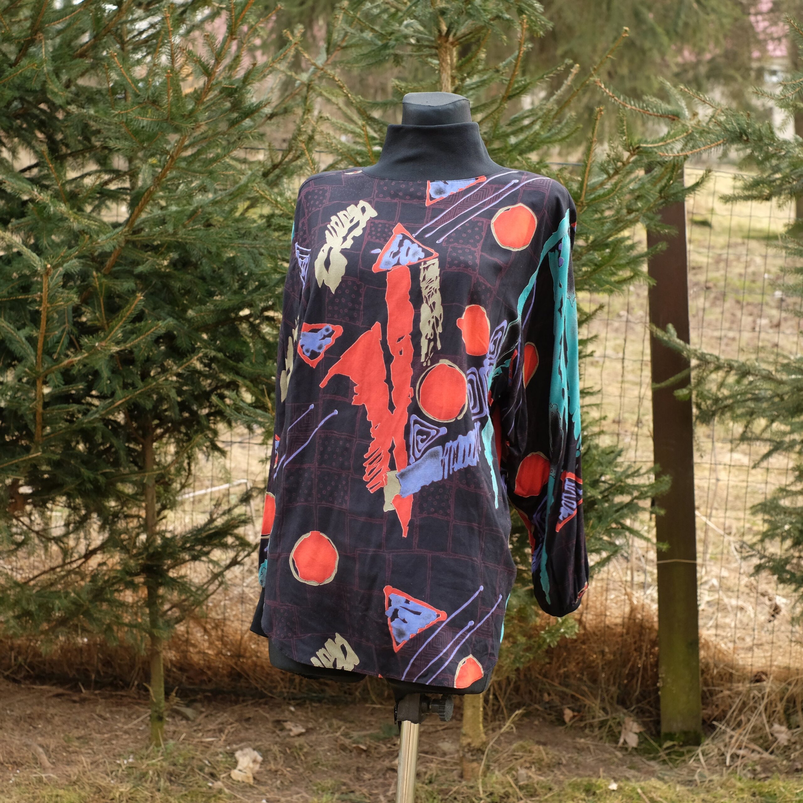 Vintage Mac Scott Funky Colourful Geometric Pattern Blouse with Turtleneck