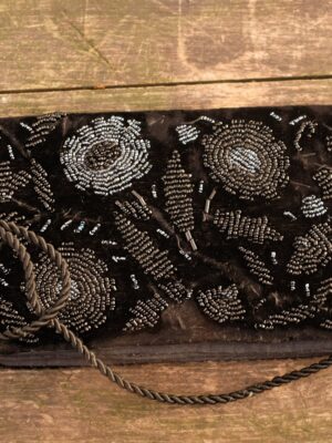 Vintage Black Embellished Evening Envelope Bag / Beaded Clutch / Purse