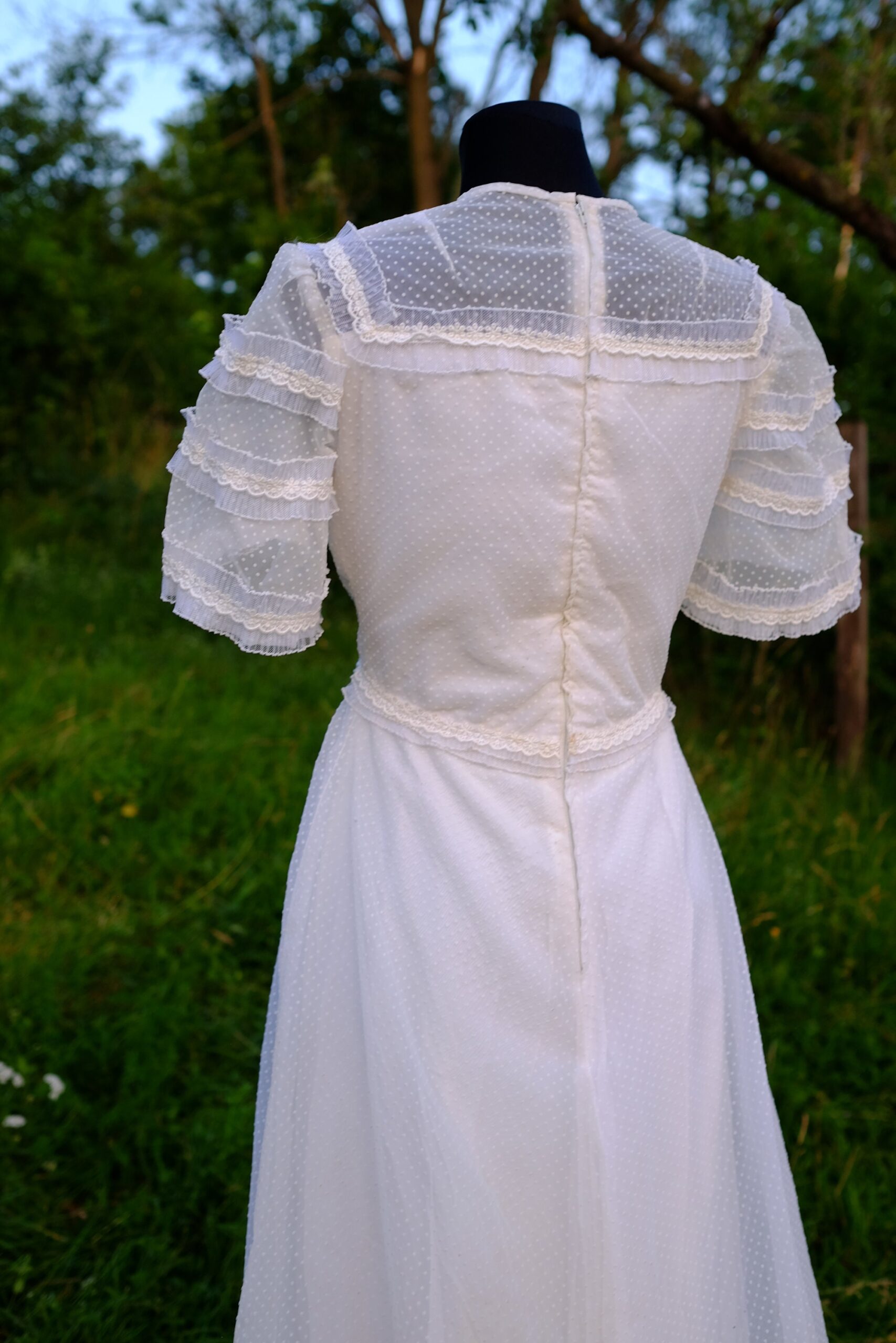 Victorian Style 70s Wedding Dress, Vintage Short Sleeved Bridal Gown - Image 3