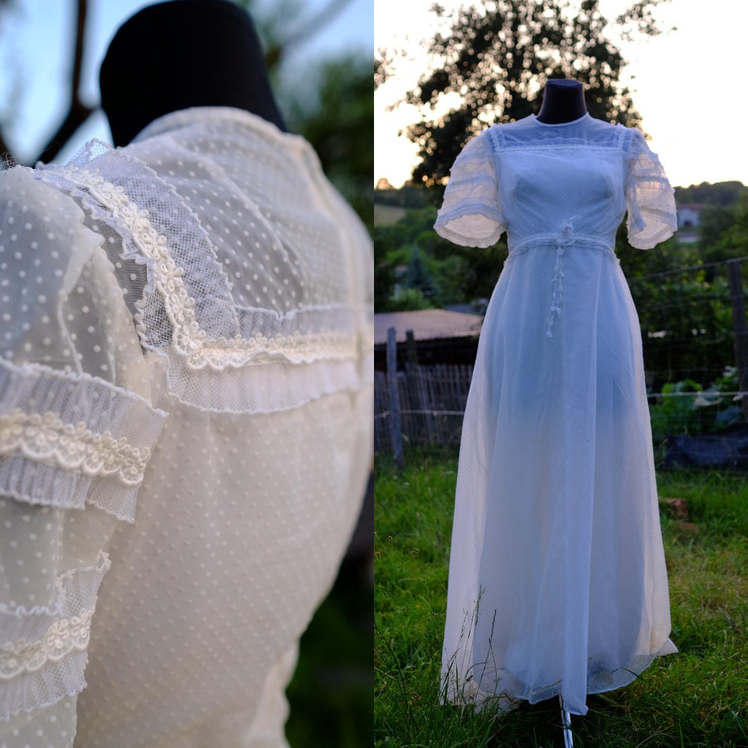 Victorian Style 70s Wedding Dress, Vintage Short Sleeved Bridal Gown - Image 2