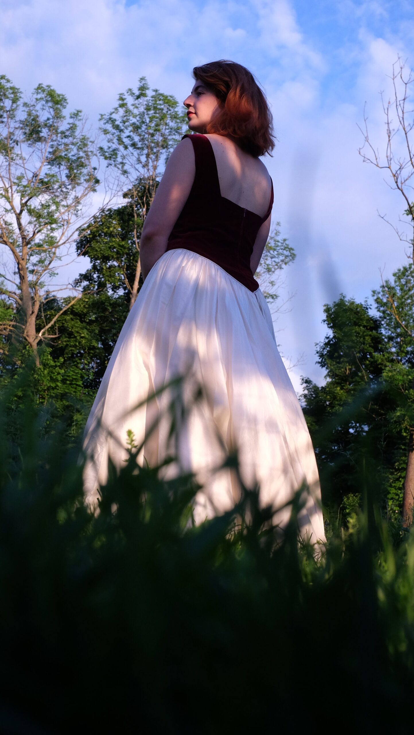 Vintage Cottagecore Silk Wedding Dress with Burgundy Red Velvet Bustier and a Cream Circle Skirt, Lohrengel Cassel Bridal Gown - Image 7