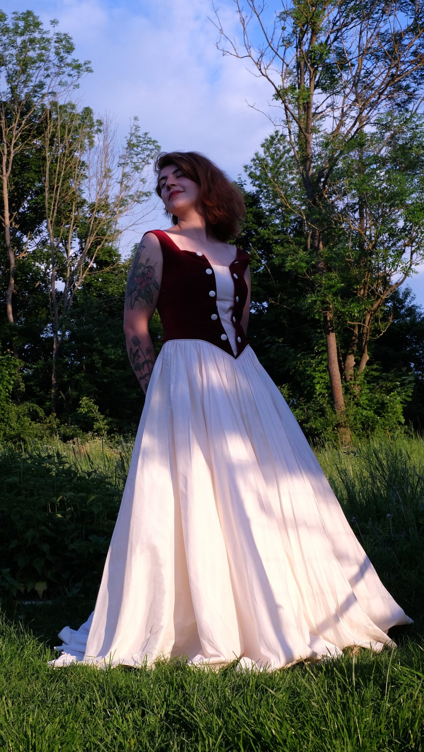 Vintage Cottagecore Silk Wedding Dress with Burgundy Red Velvet Bustier and a Cream Circle Skirt, Lohrengel Cassel Bridal Gown