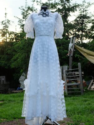 70s Vintage Boho Wedding Dress, Prairie Floral Short Sleeved Bridal Gown