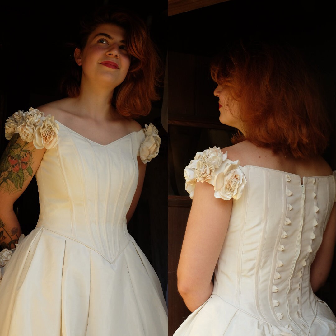Vintage Silk Princess Wedding Dress PRONOVIAS with Bustier top and Train Skirt with Rosette Trim, Fairytale Bridal Gown - Image 8