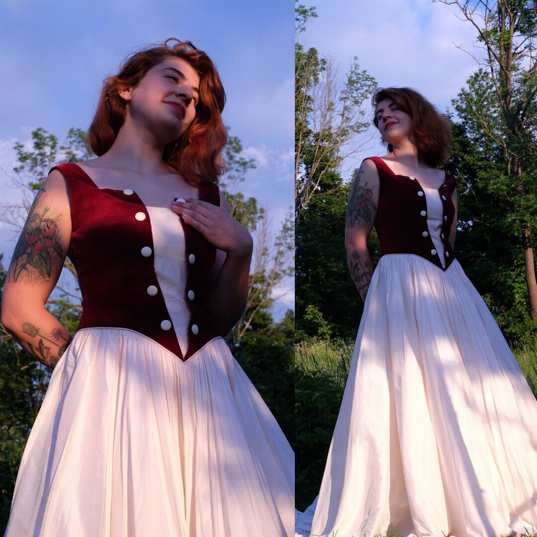 Vintage Cottagecore Silk Wedding Dress with Burgundy Red Velvet Bustier and a Cream Circle Skirt, Lohrengel Cassel Bridal Gown - Image 2